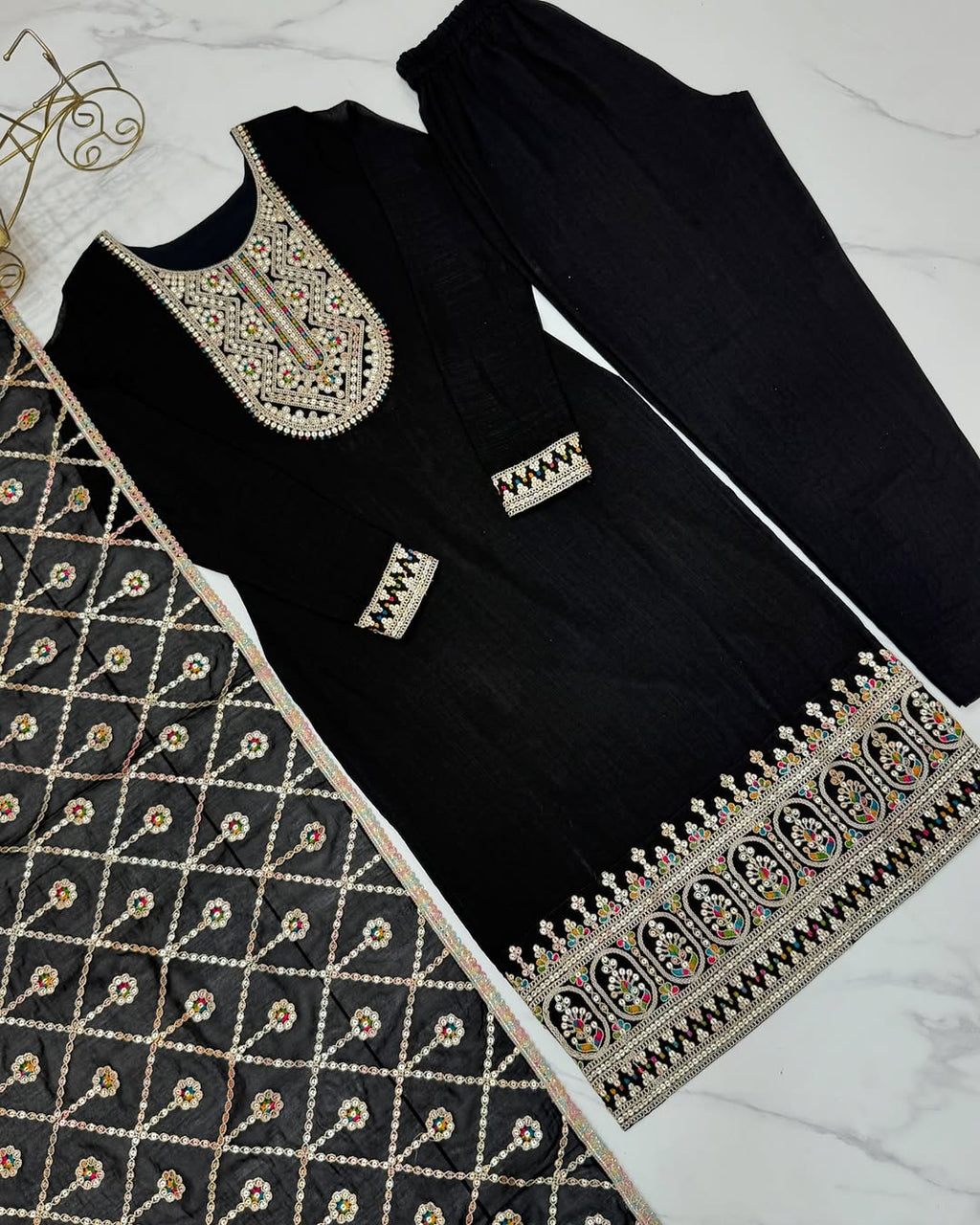 Adya black pure blooming vichitra silk kurta suit set with dupatta