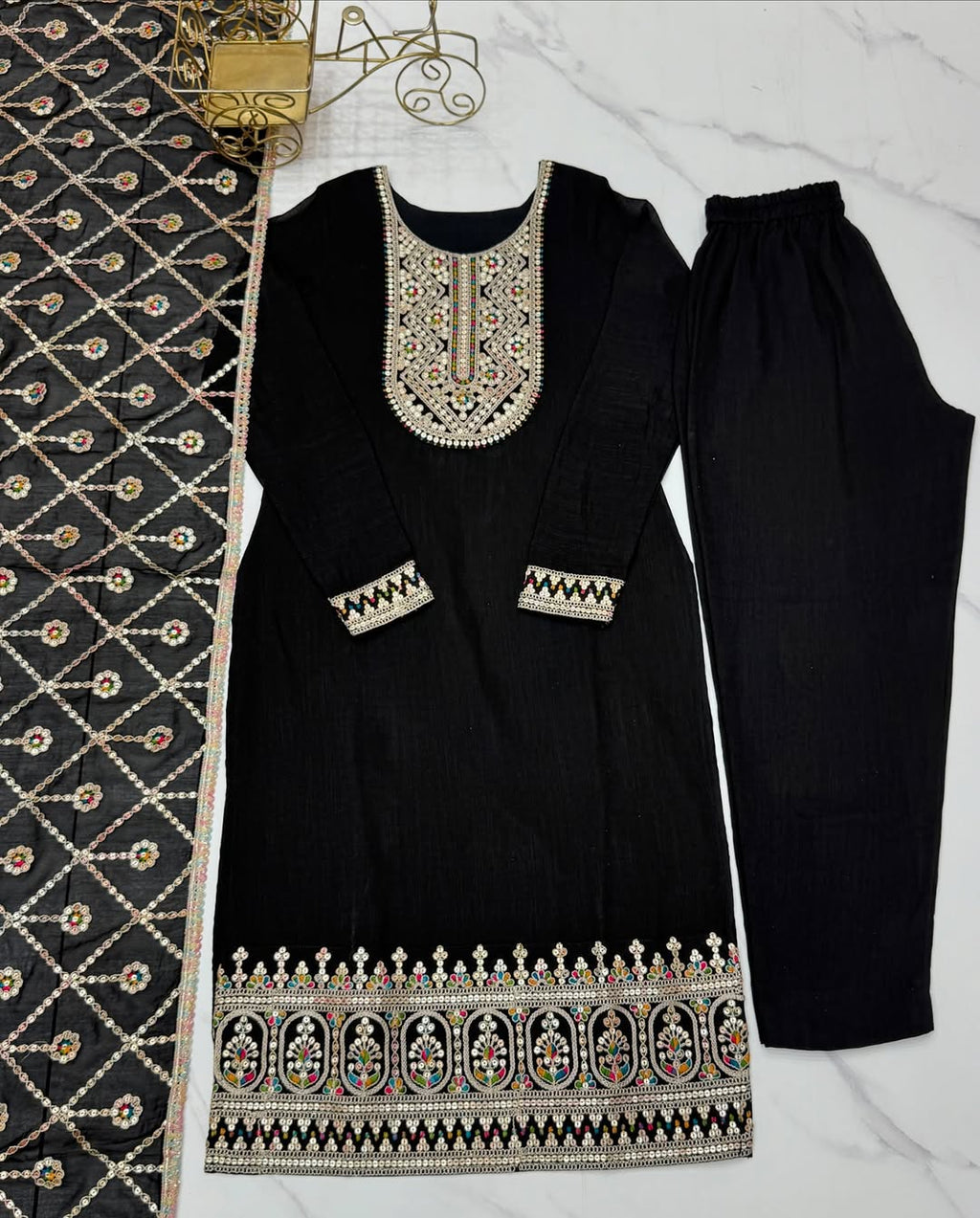 Adya black pure blooming vichitra silk kurta suit set with dupatta