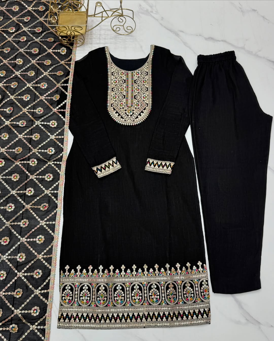 Adya black pure blooming vichitra silk kurta suit set with dupatta
