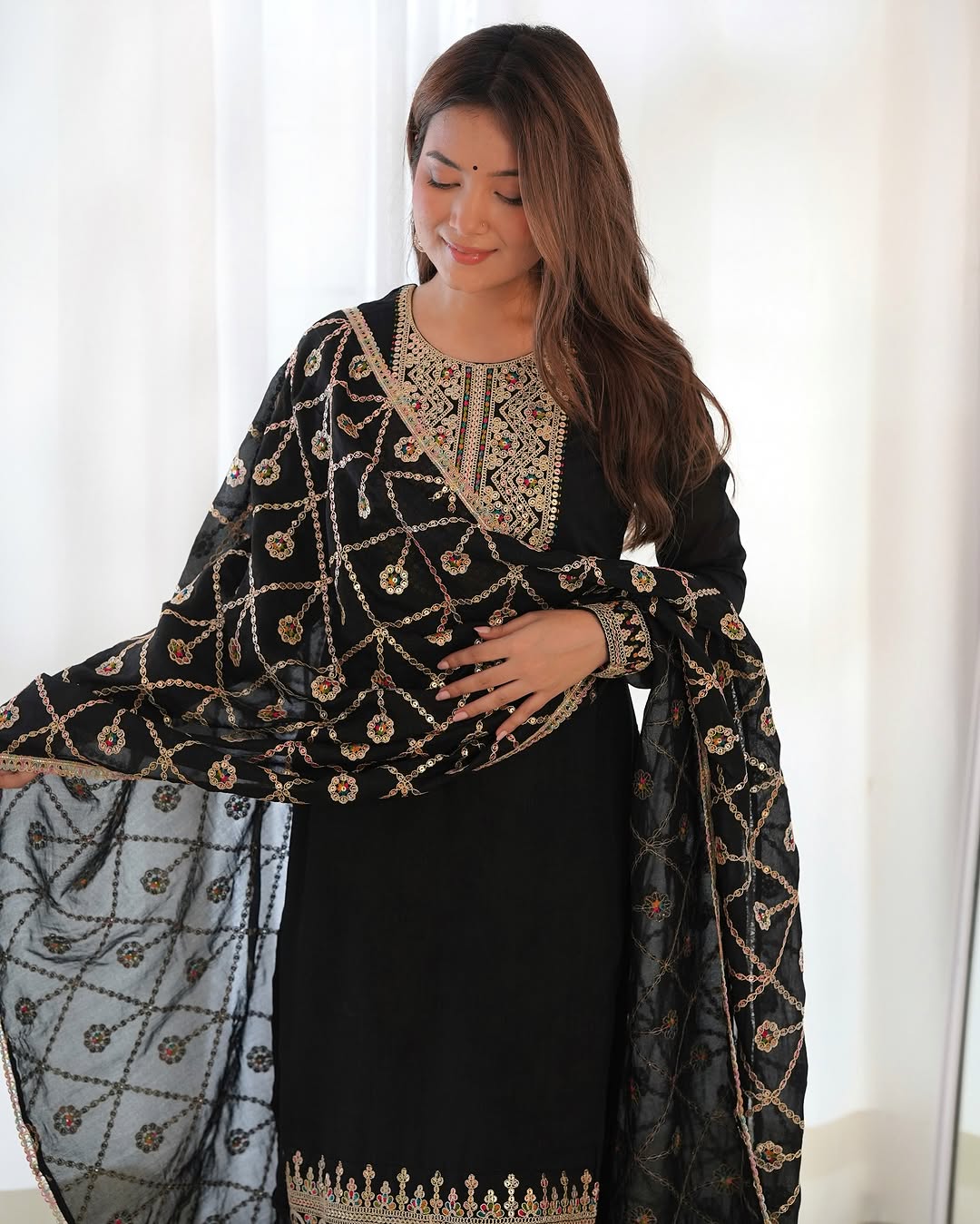 Adya black pure blooming vichitra silk kurta suit set with dupatta