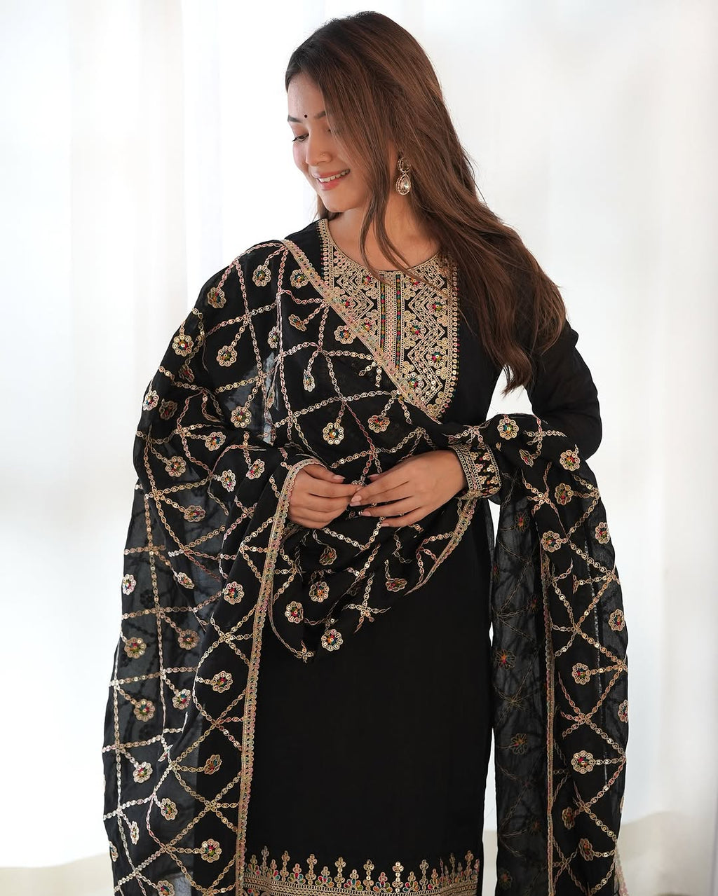 Adya black pure blooming vichitra silk kurta suit set with dupatta