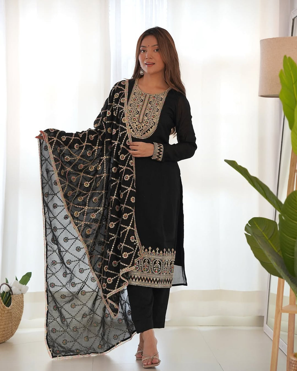 Adya black pure blooming vichitra silk kurta suit set with dupatta