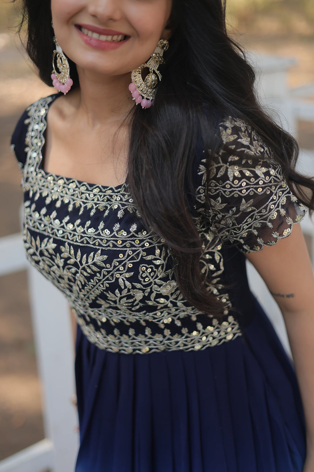 Blue zari sequins embroidered Ahani designer gown