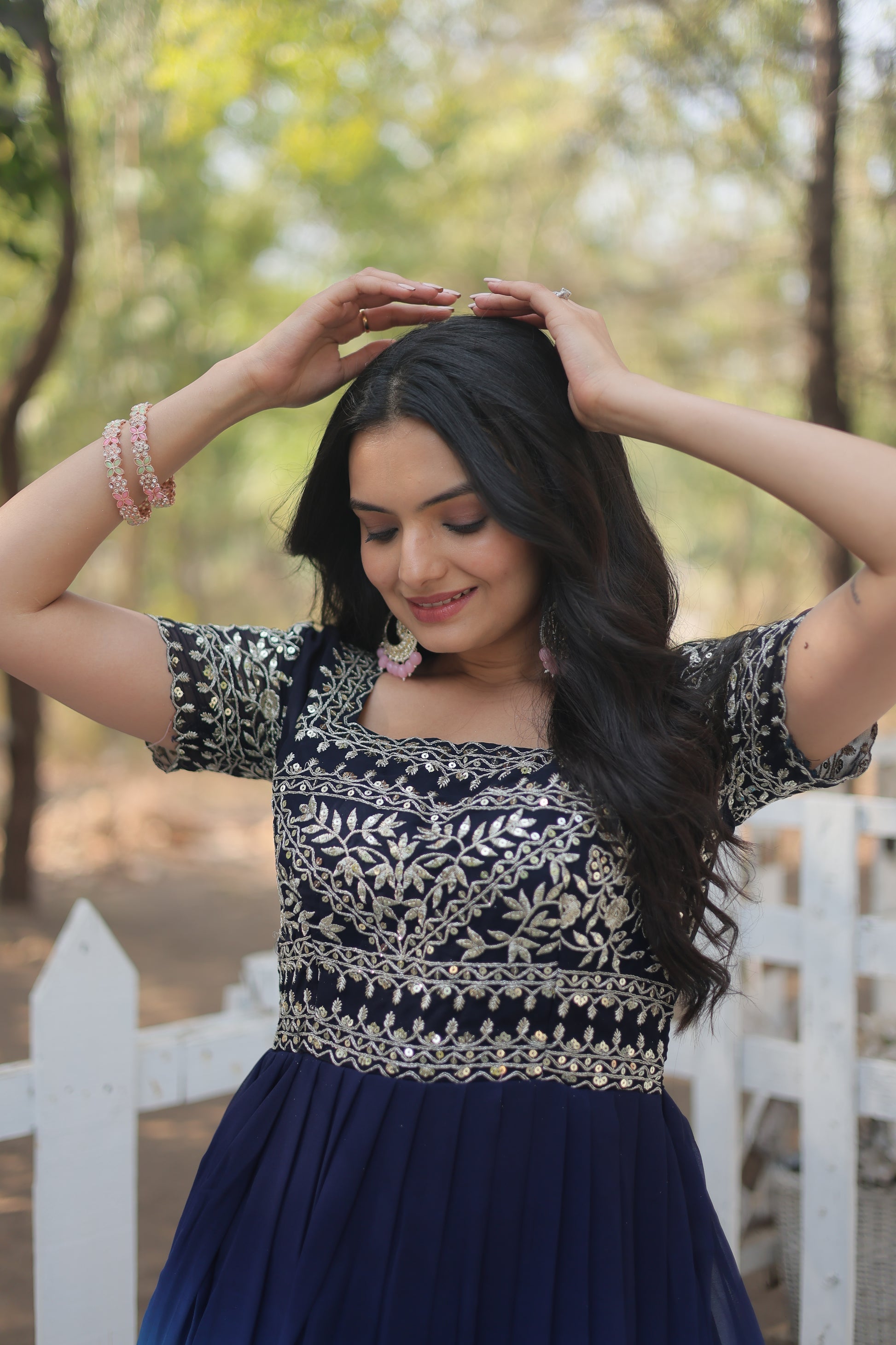 Blue zari sequins embroidered Ahani designer gown