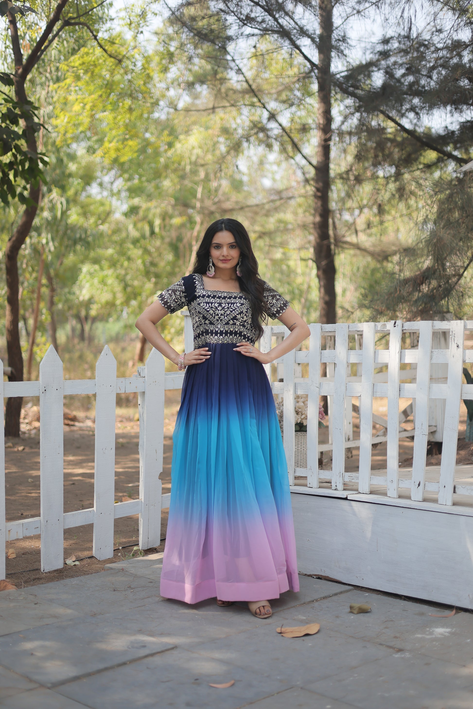 Blue zari sequins embroidered Ahani designer gown
