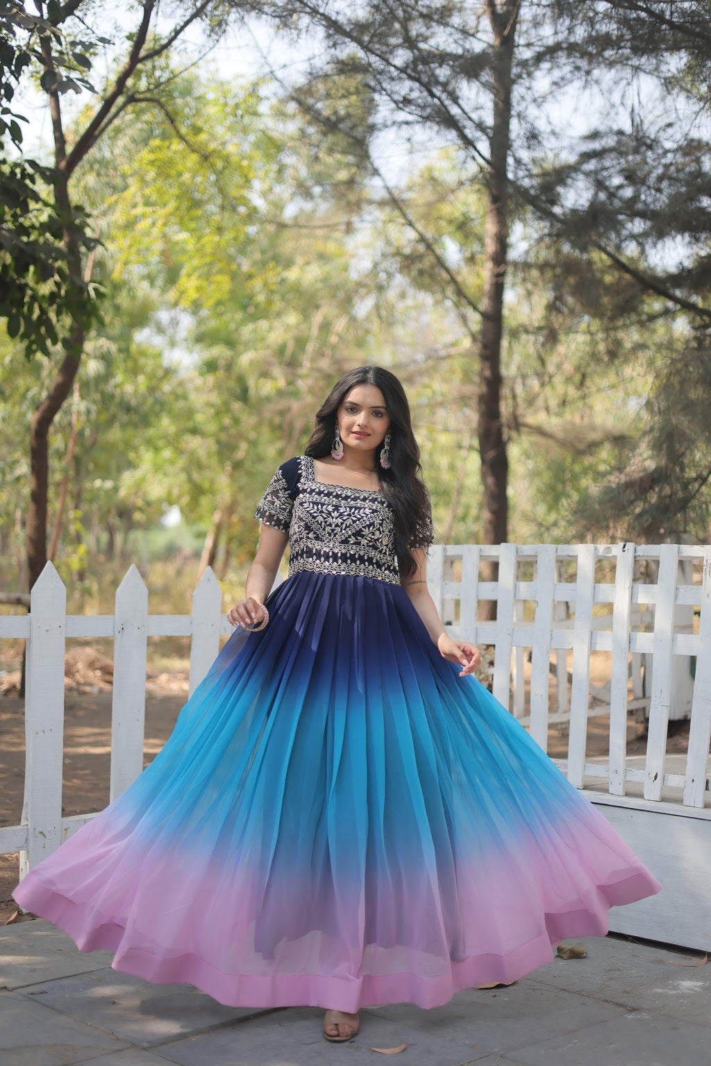 Blue zari sequins embroidered Ahani designer gown