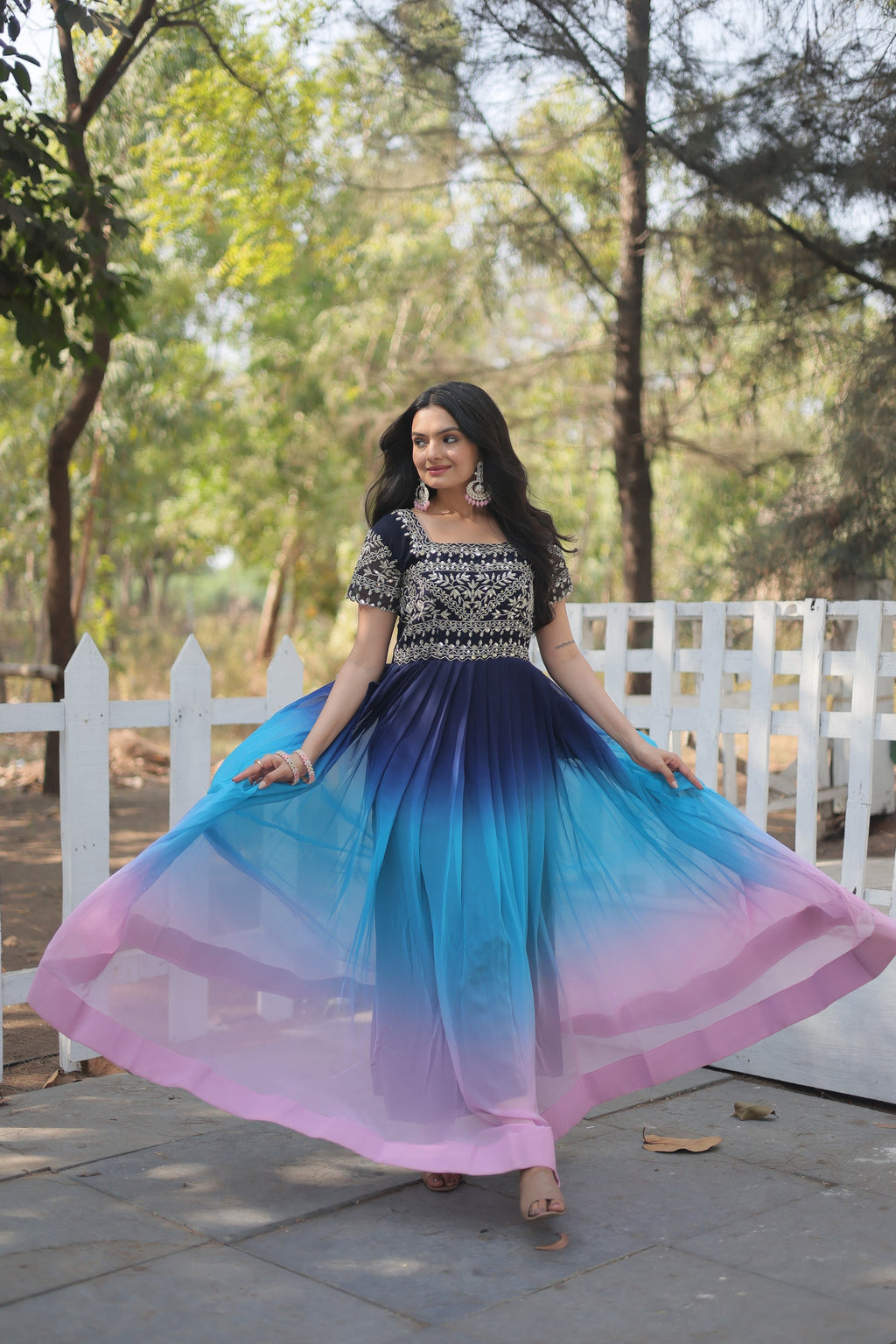 Blue zari sequins embroidered Ahani designer gown