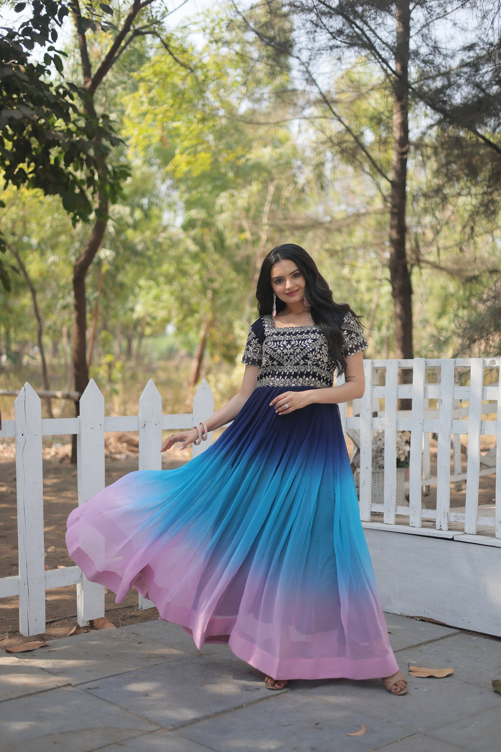 Blue zari sequins embroidered Ahani designer gown