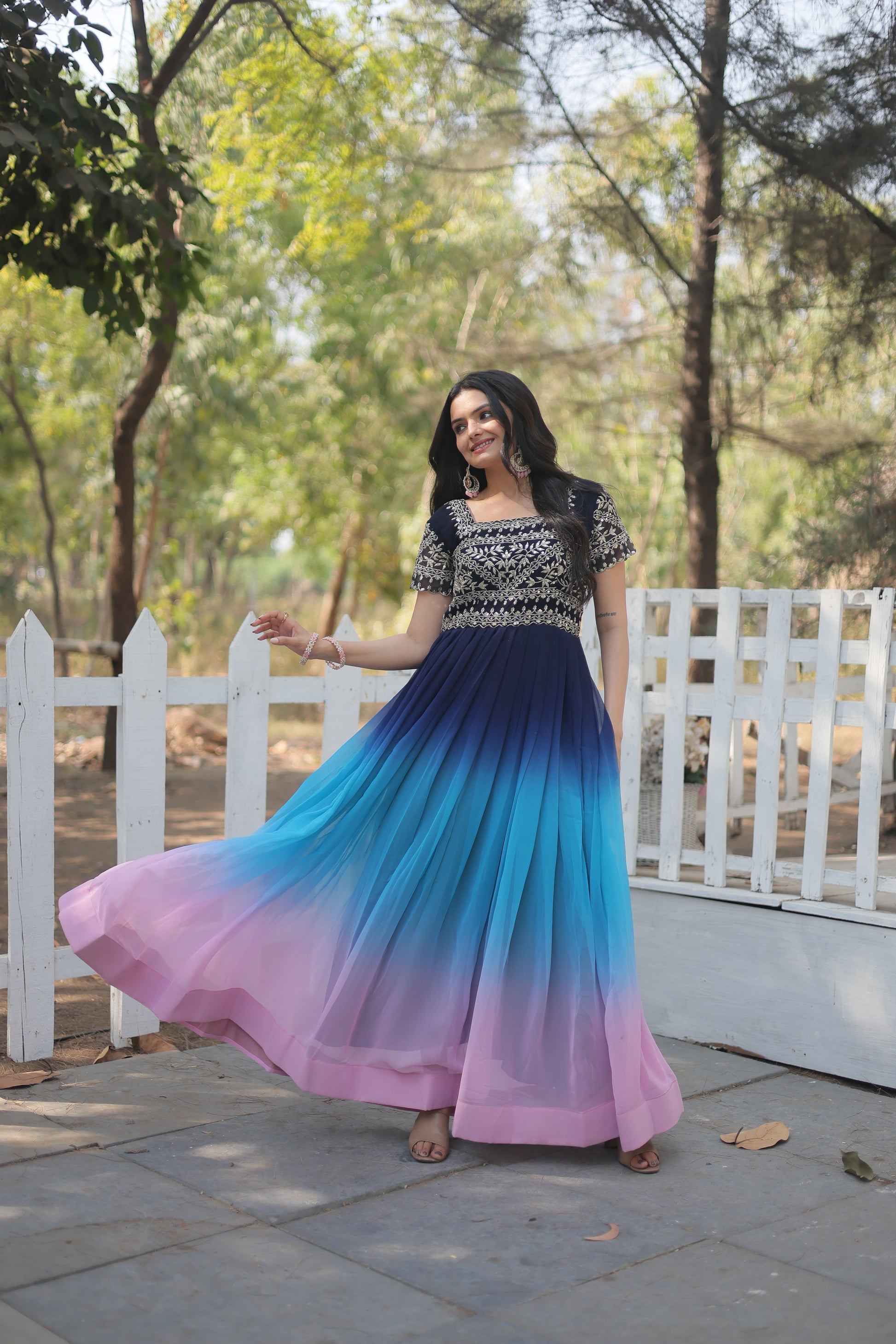 Blue zari sequins embroidered Ahani designer gown