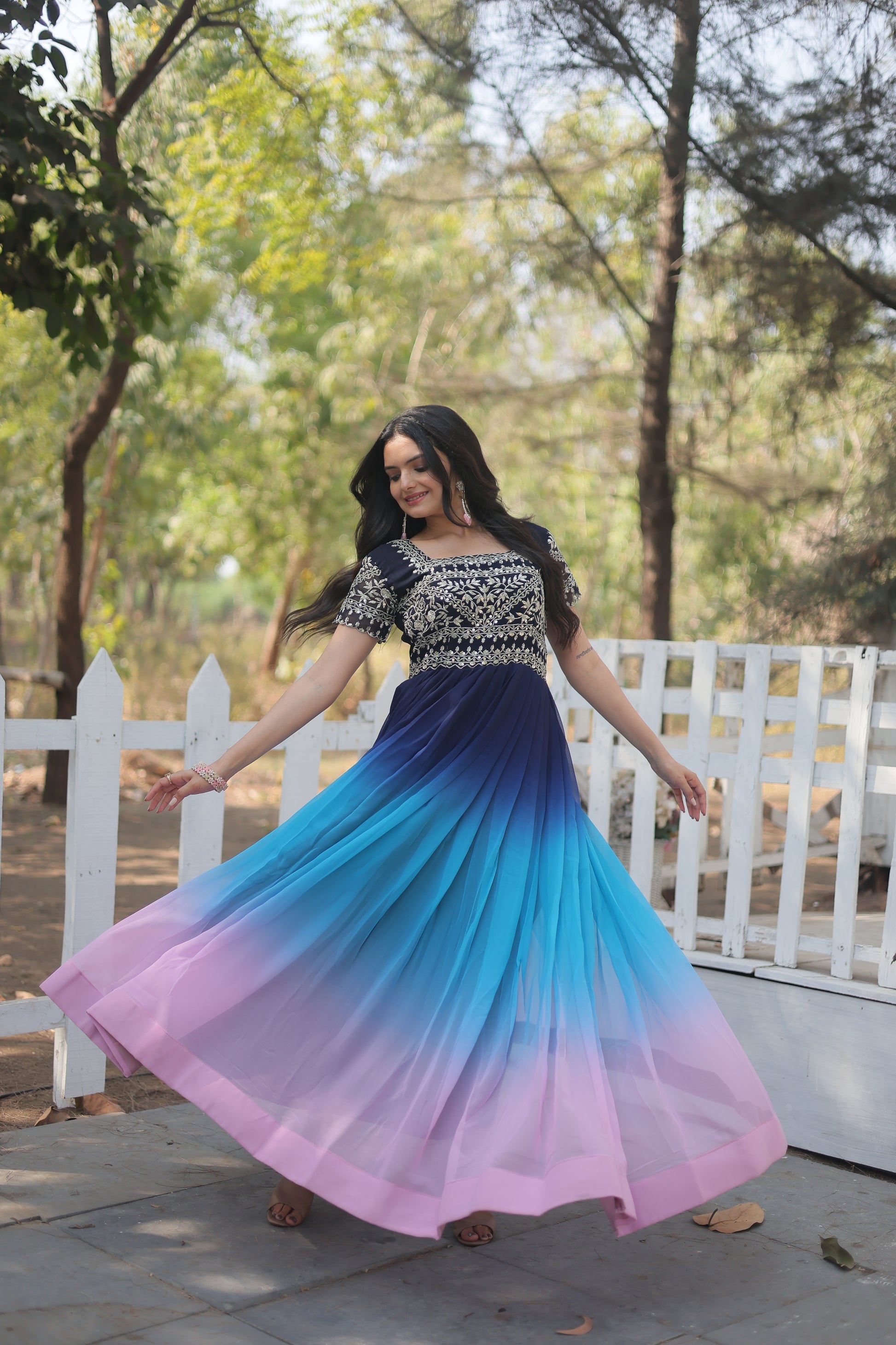 Blue zari sequins embroidered Ahani designer gown