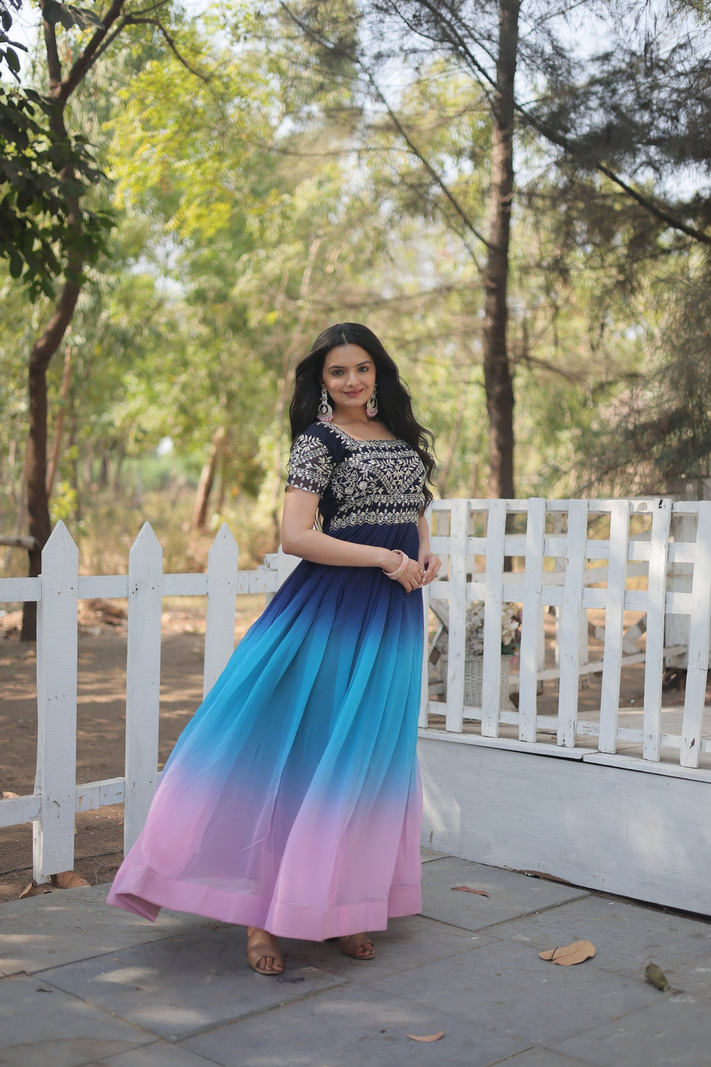 Blue zari sequins embroidered Ahani designer gown