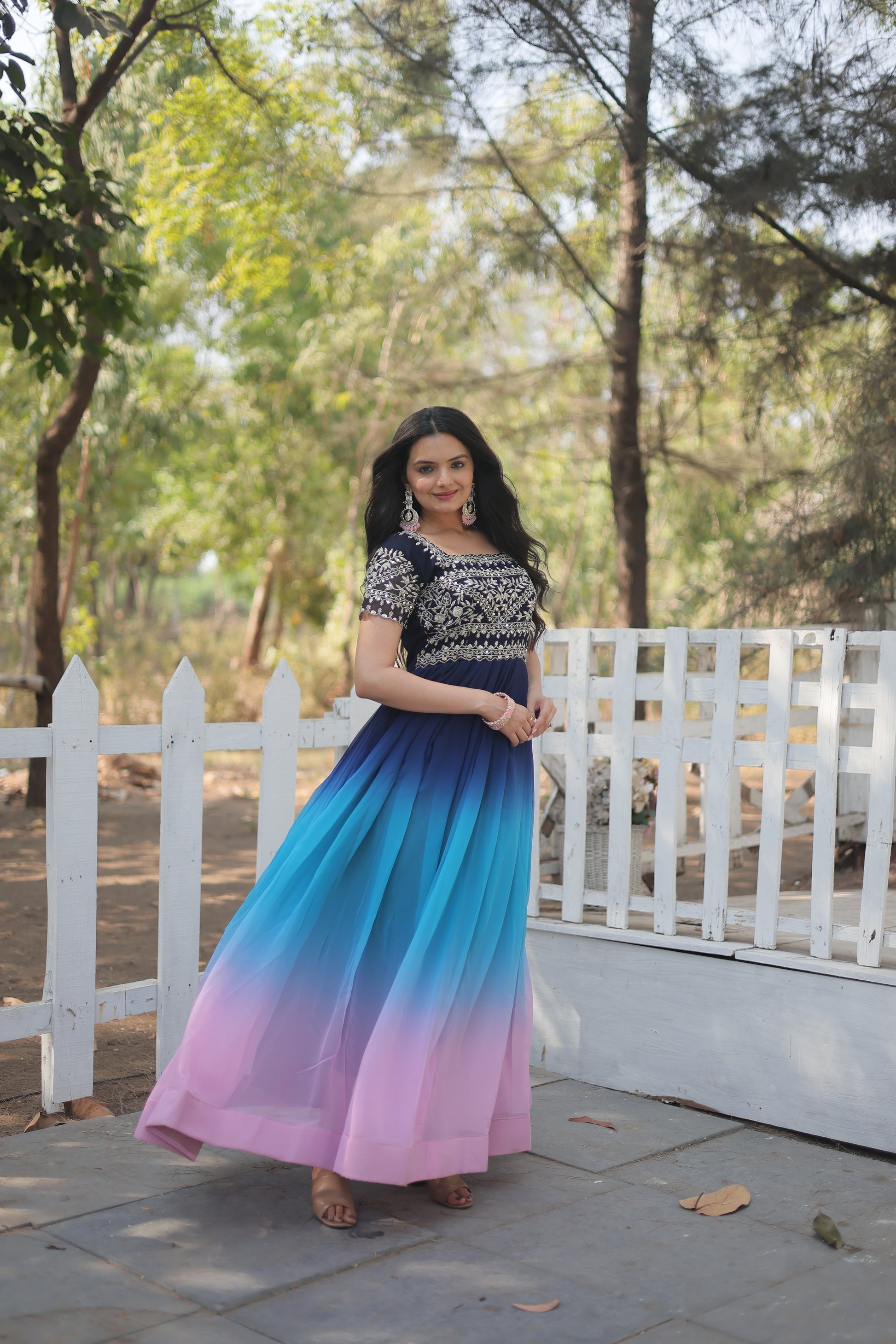 Blue zari sequins embroidered Ahani designer gown