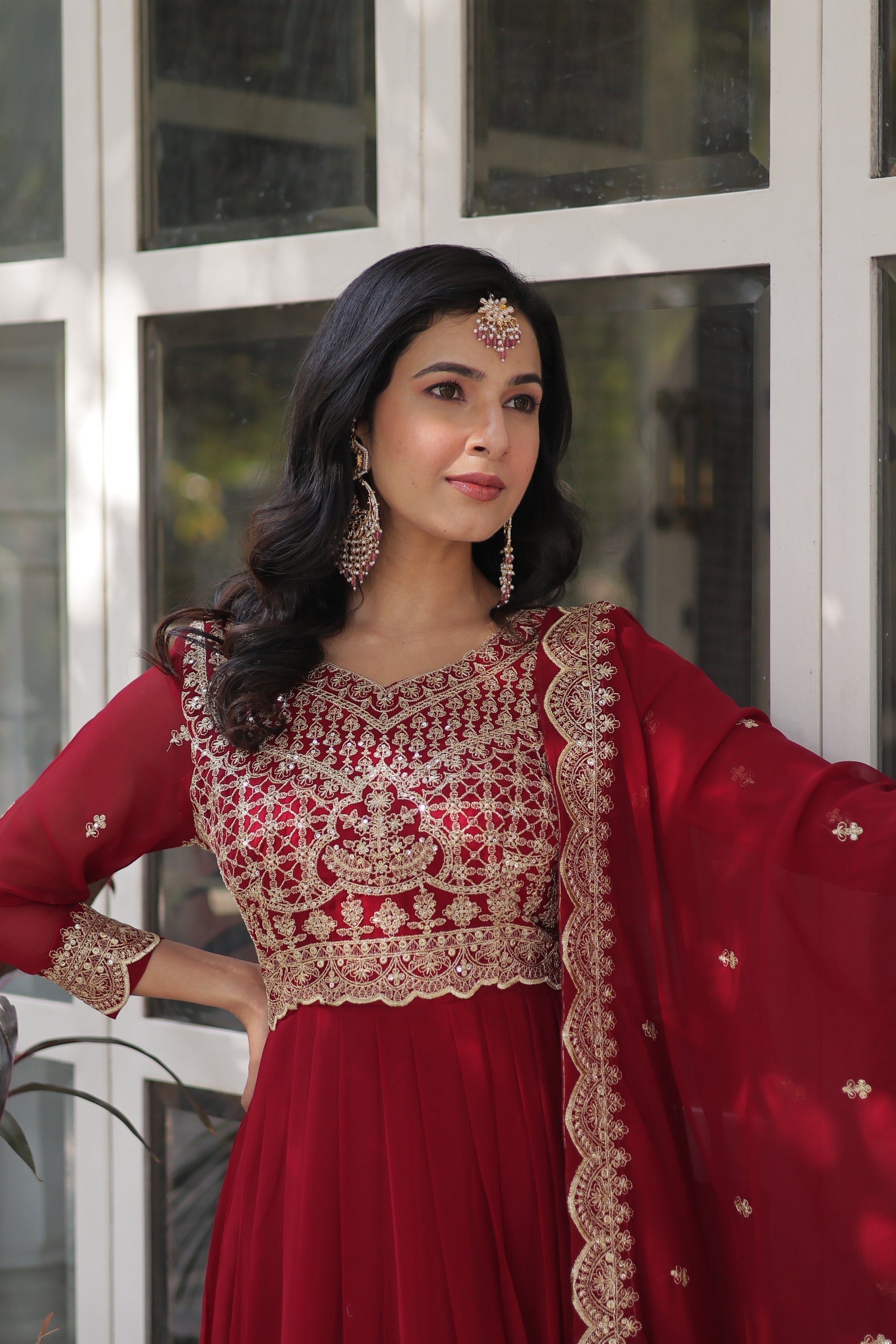 Red georgette embroidered Akshita designer Anarkali gown