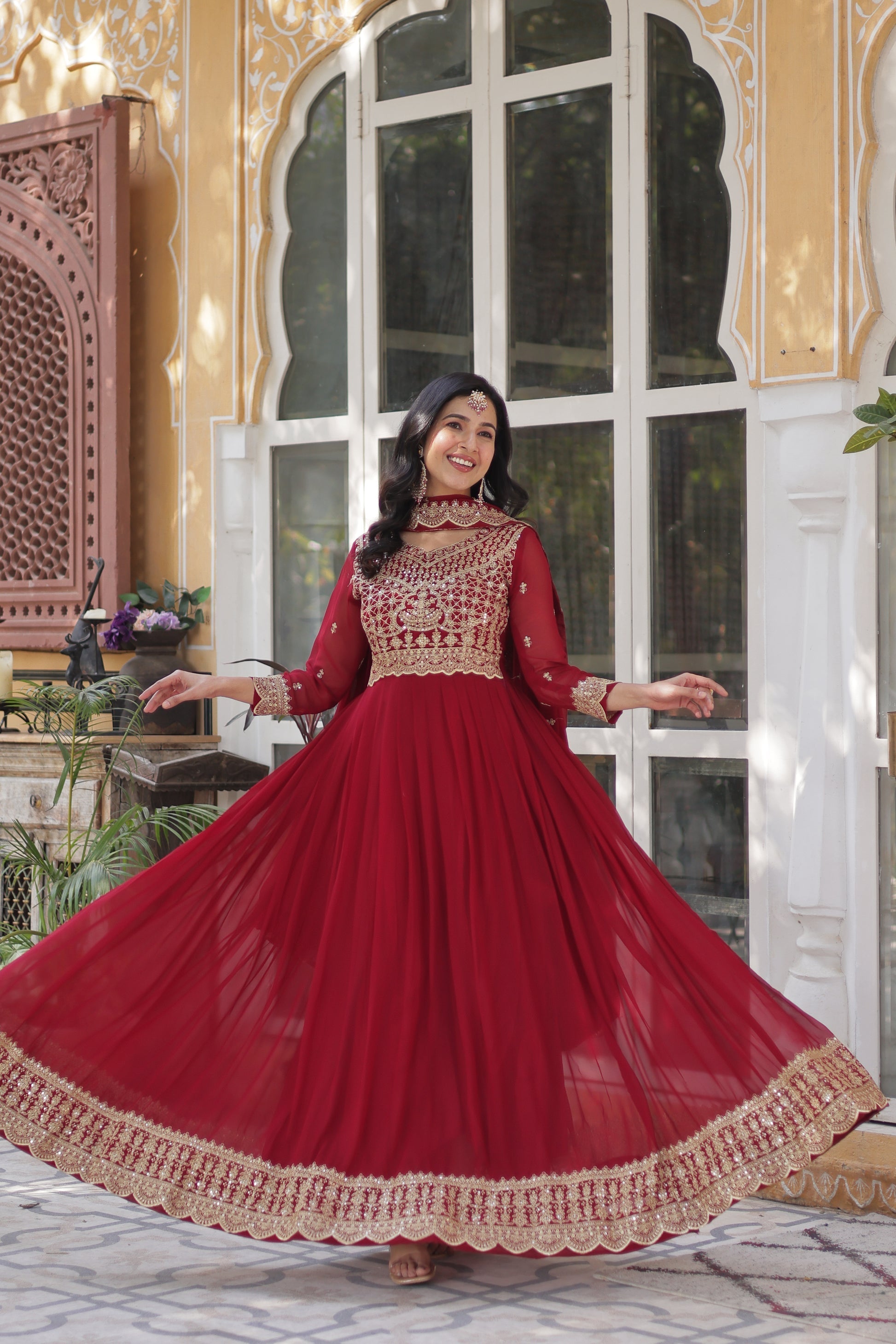 Red georgette embroidered Akshita designer Anarkali gown