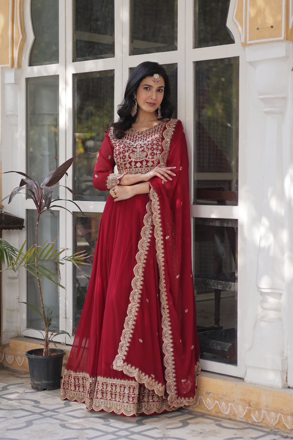 Red georgette embroidered Akshita designer Anarkali gown