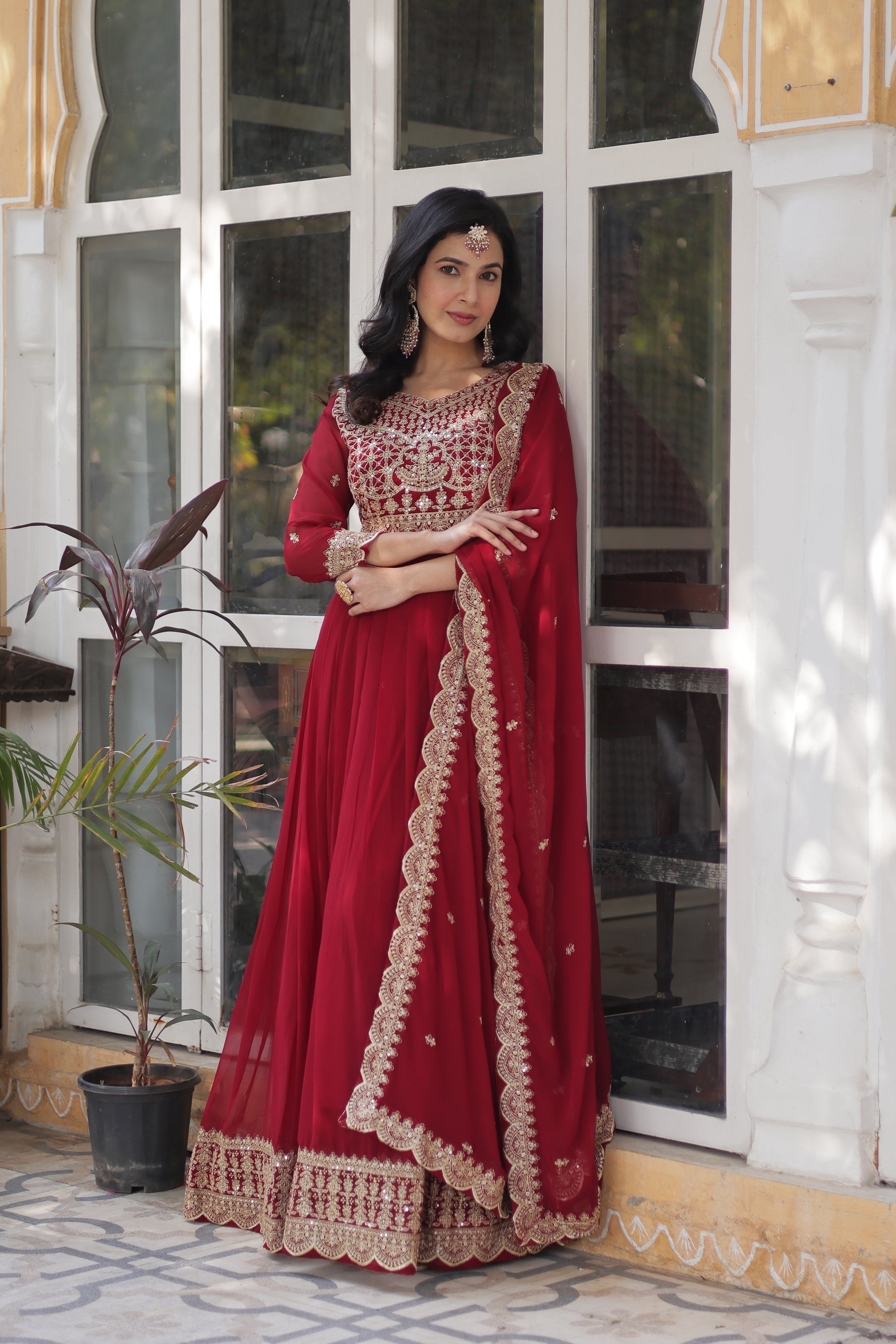 Red georgette embroidered Akshita designer Anarkali gown
