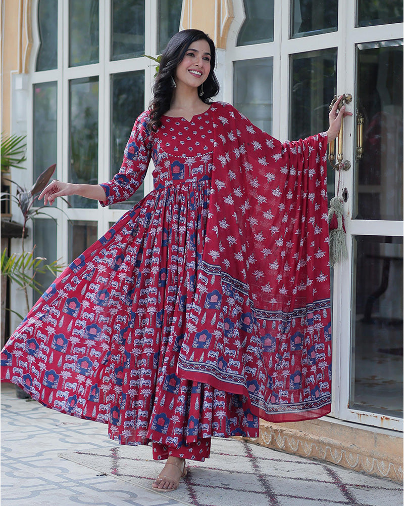 Amyra pure cotton printed red kurti suit set