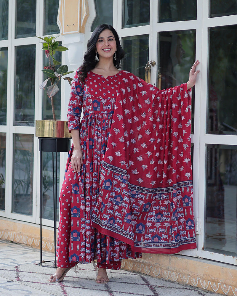 Amyra pure cotton printed red kurti suit set