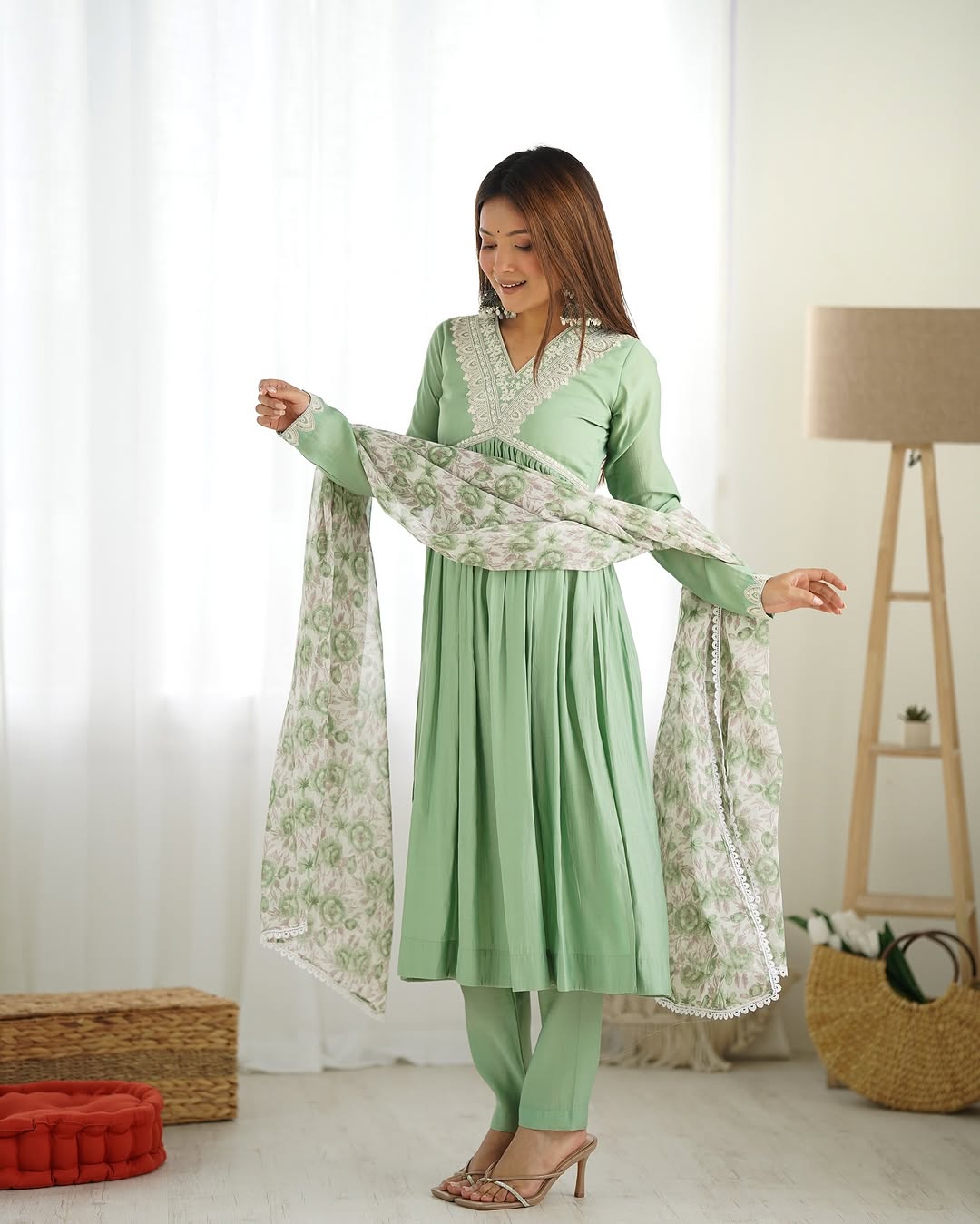 Anaya pista pure roman silk chanderi kurta suit set with dupatta