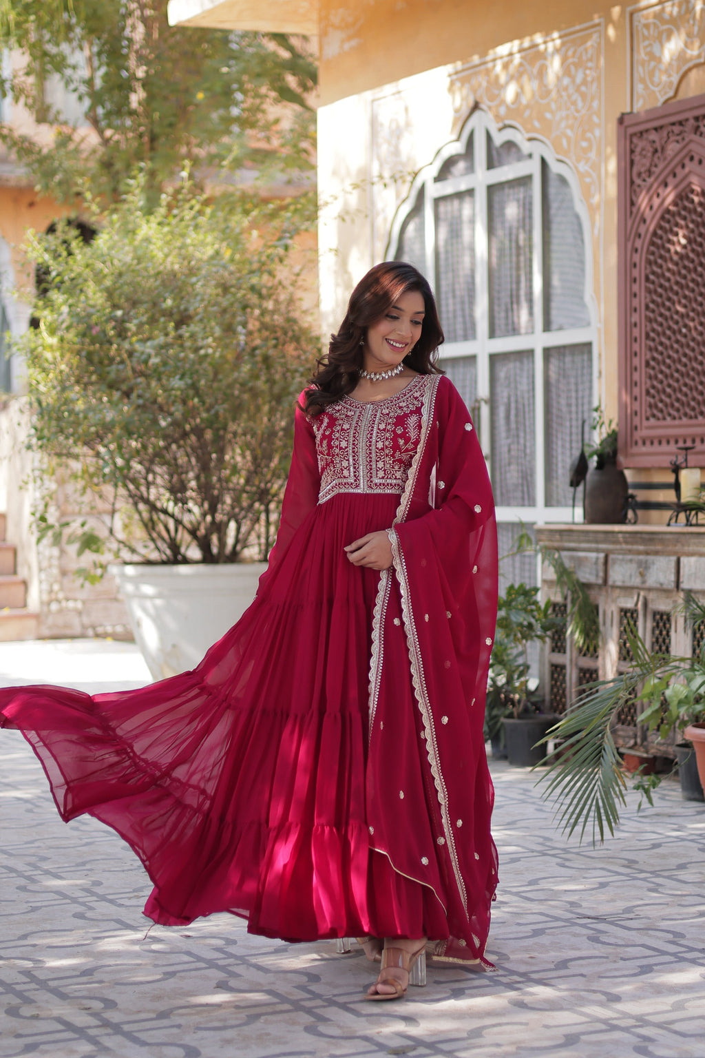 Pink pearl embroidered Anika flared designer Anarkali gown