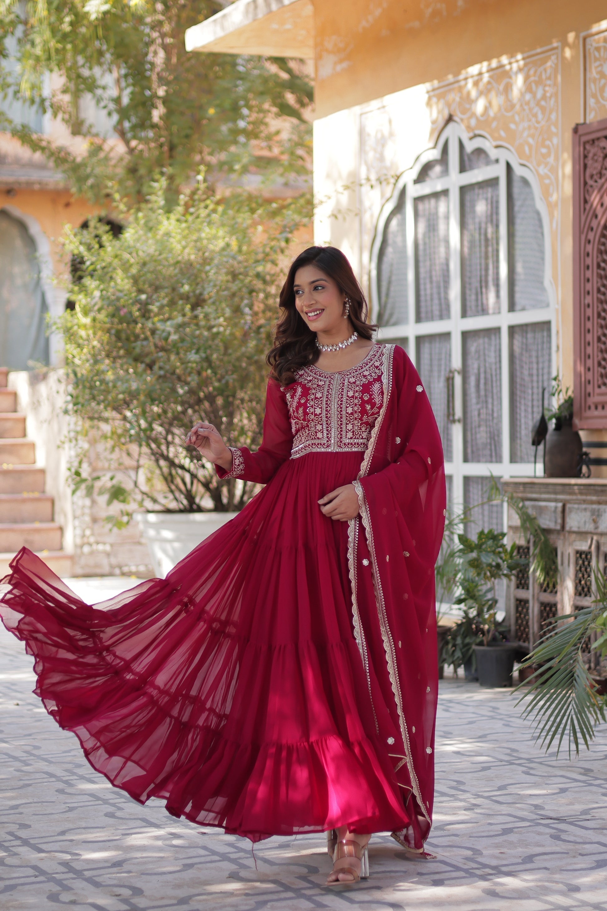 Pink pearl embroidered Anika flared designer Anarkali gown