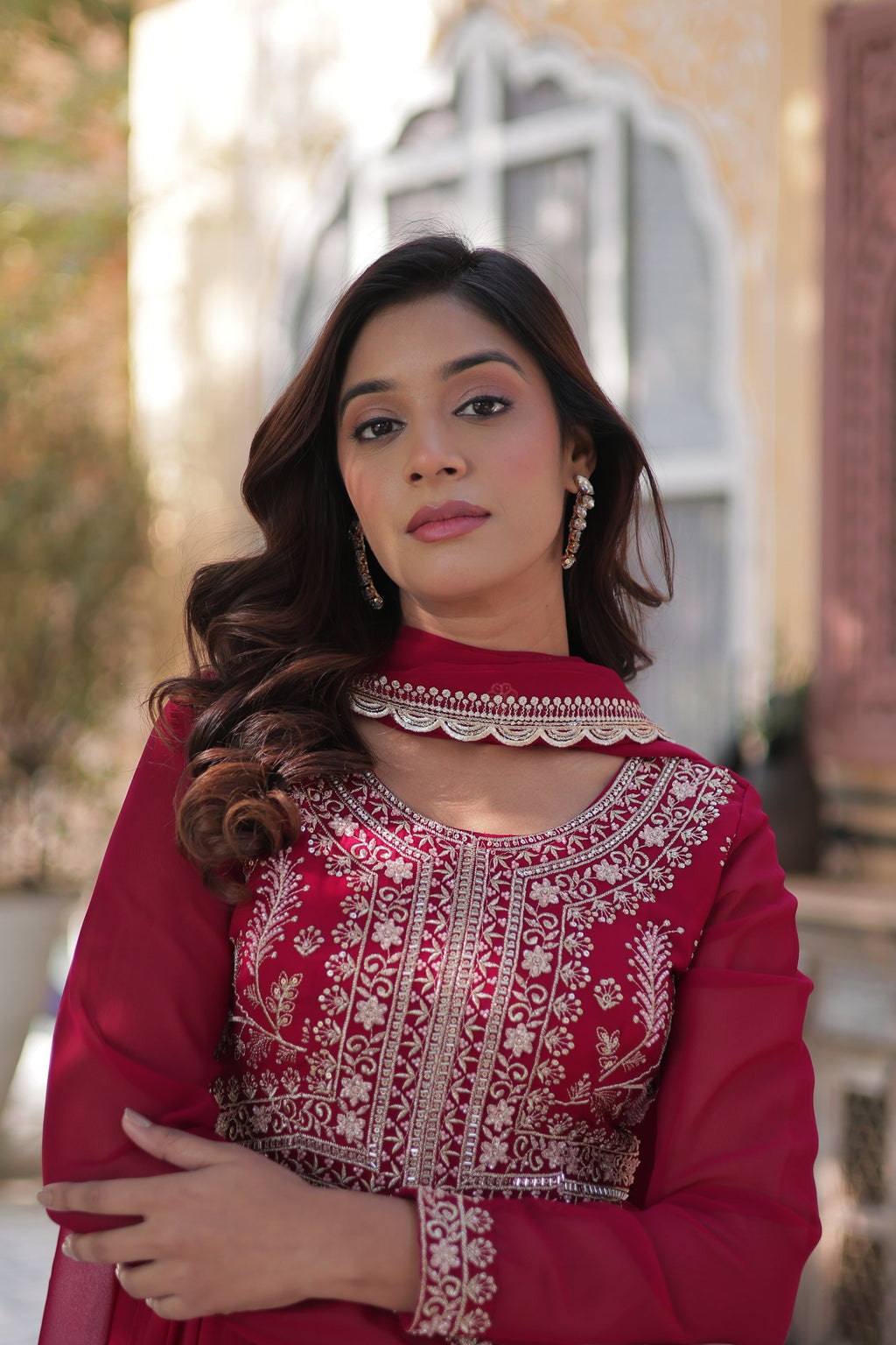 Pink pearl embroidered Anika flared designer Anarkali gown