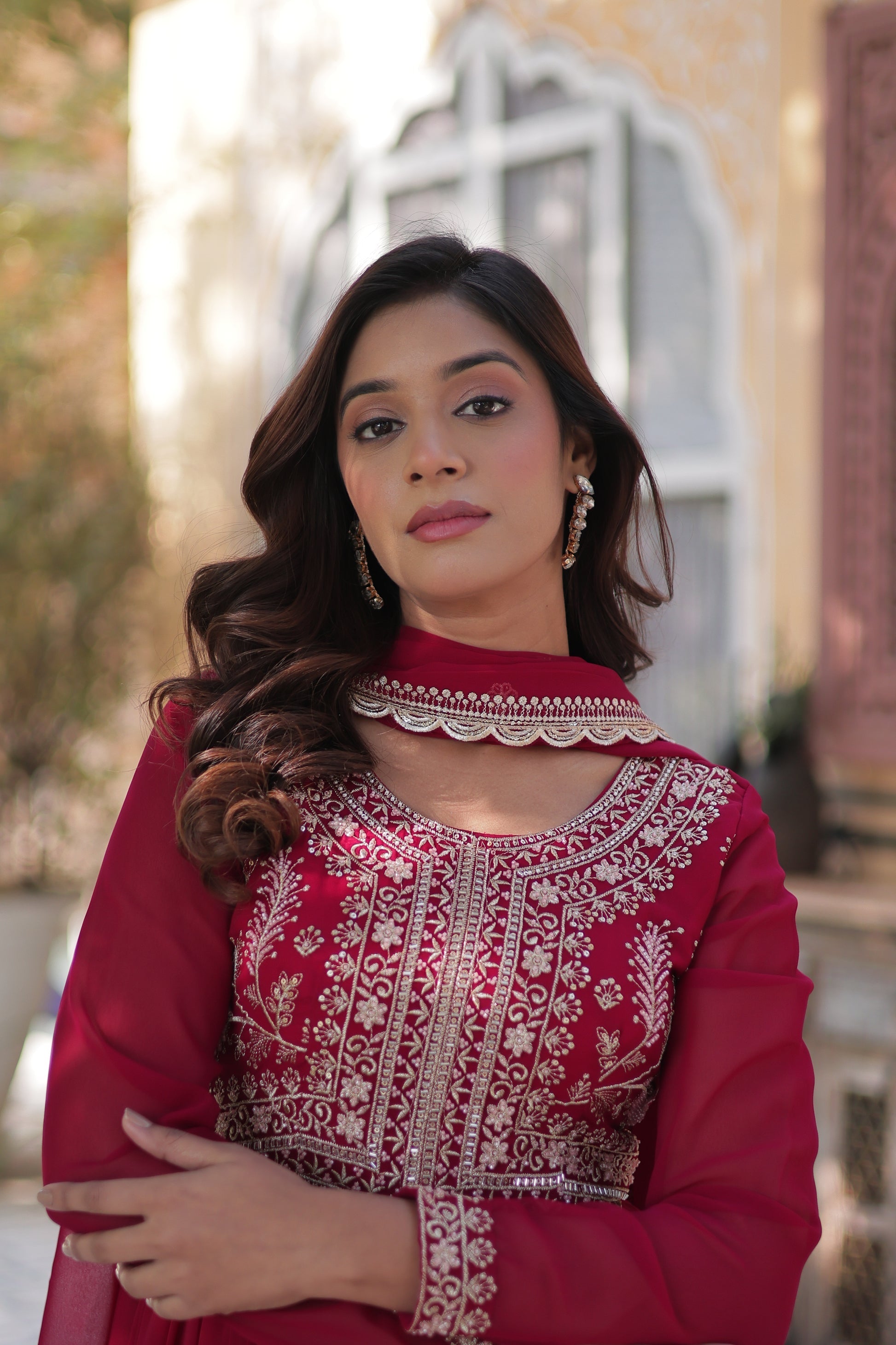 Pink pearl embroidered Anika flared designer Anarkali gown