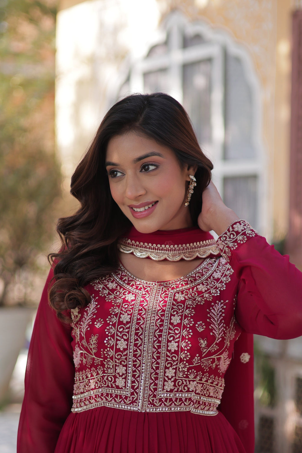Pink pearl embroidered Anika flared designer Anarkali gown