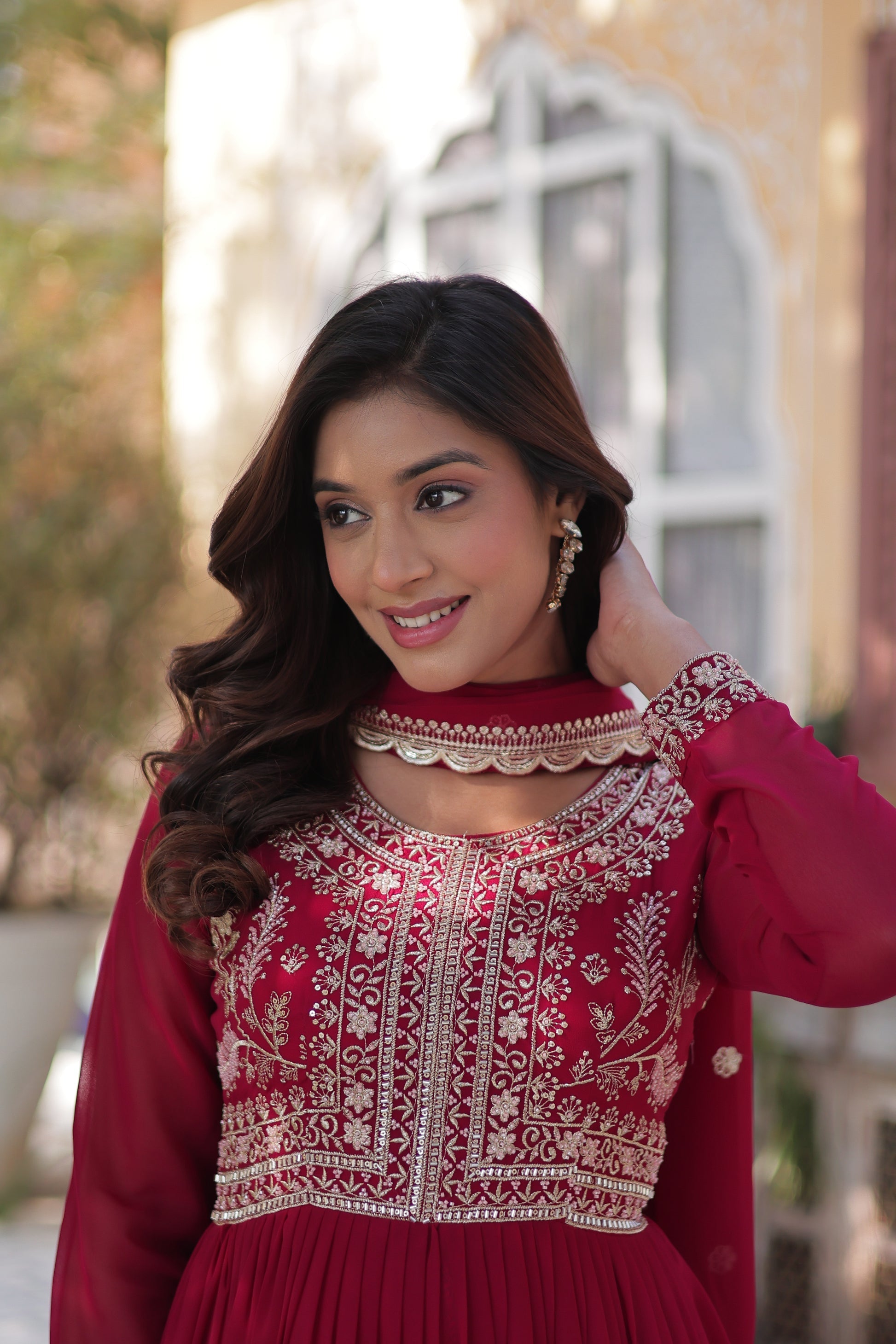 Pink pearl embroidered Anika flared designer Anarkali gown