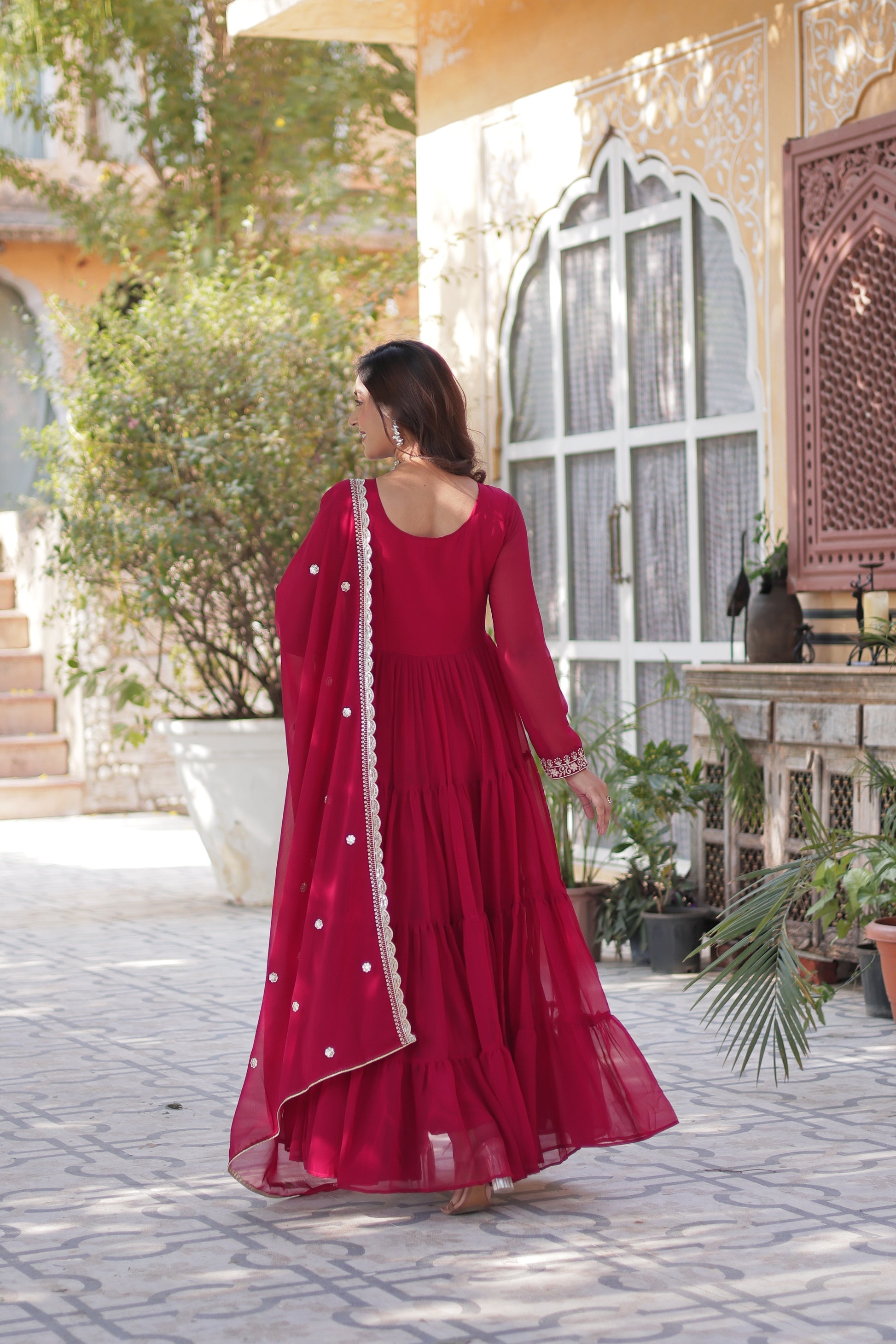 Pink pearl embroidered Anika flared designer Anarkali gown