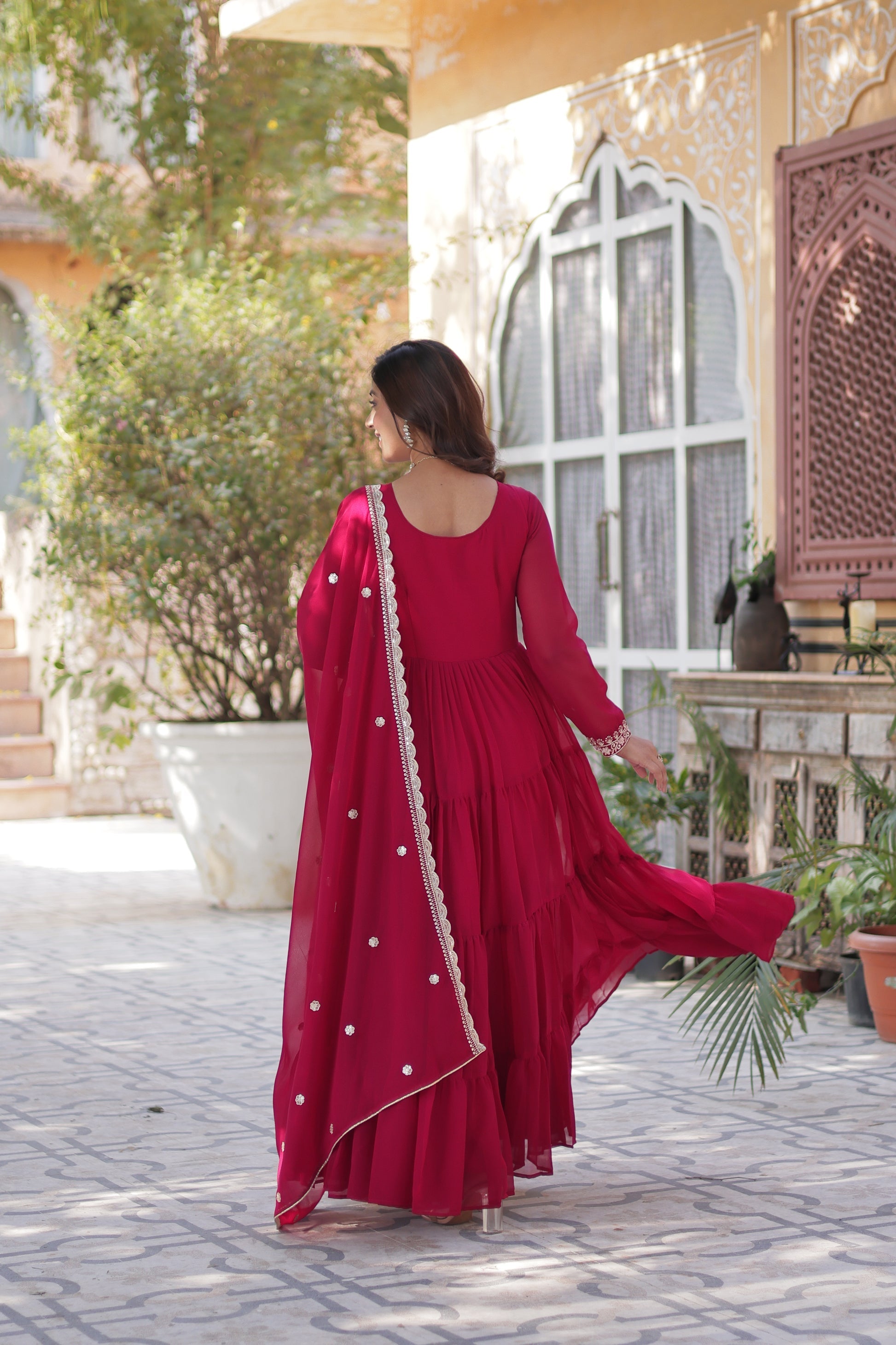 Pink pearl embroidered Anika flared designer Anarkali gown
