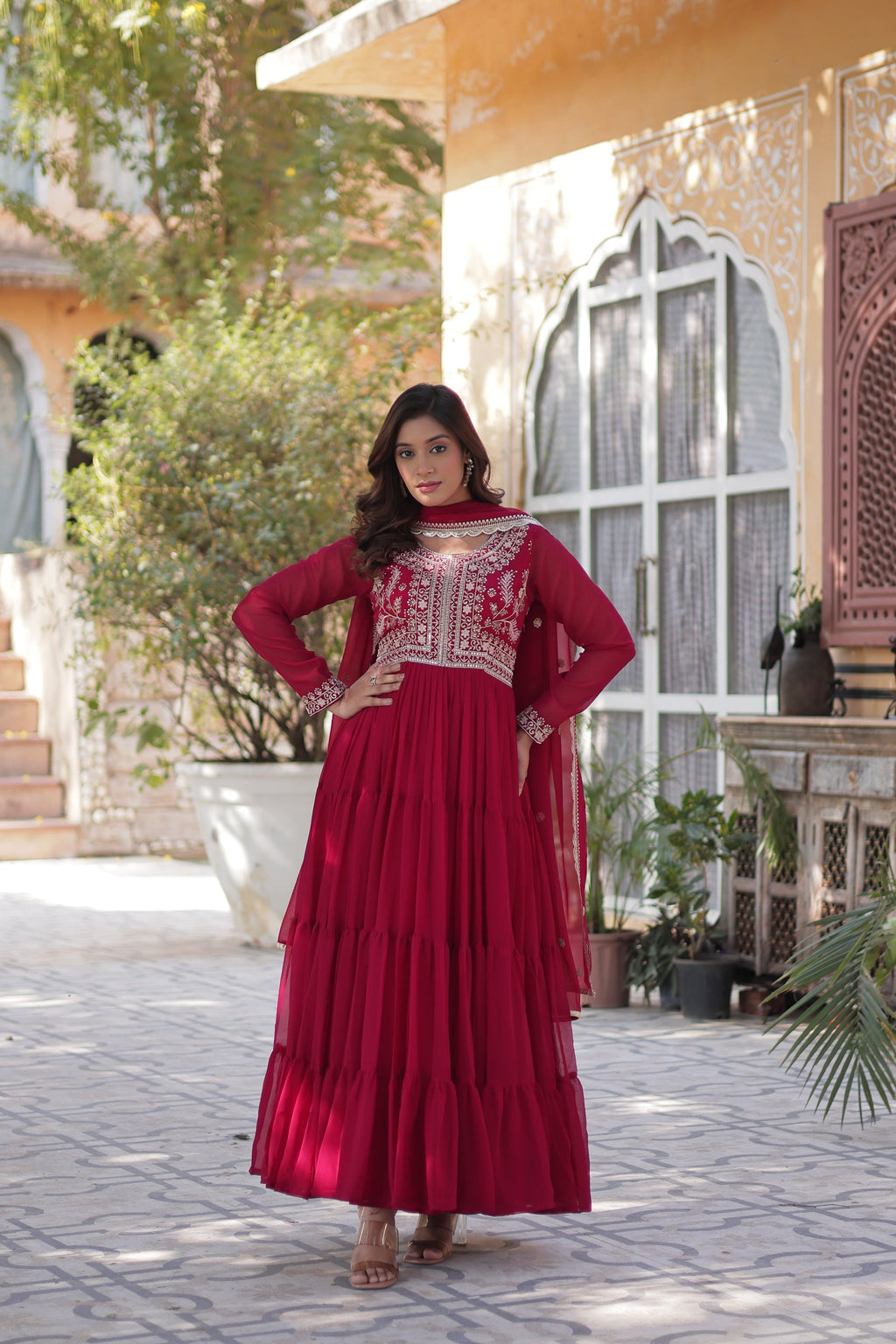 Pink pearl embroidered Anika flared designer Anarkali gown