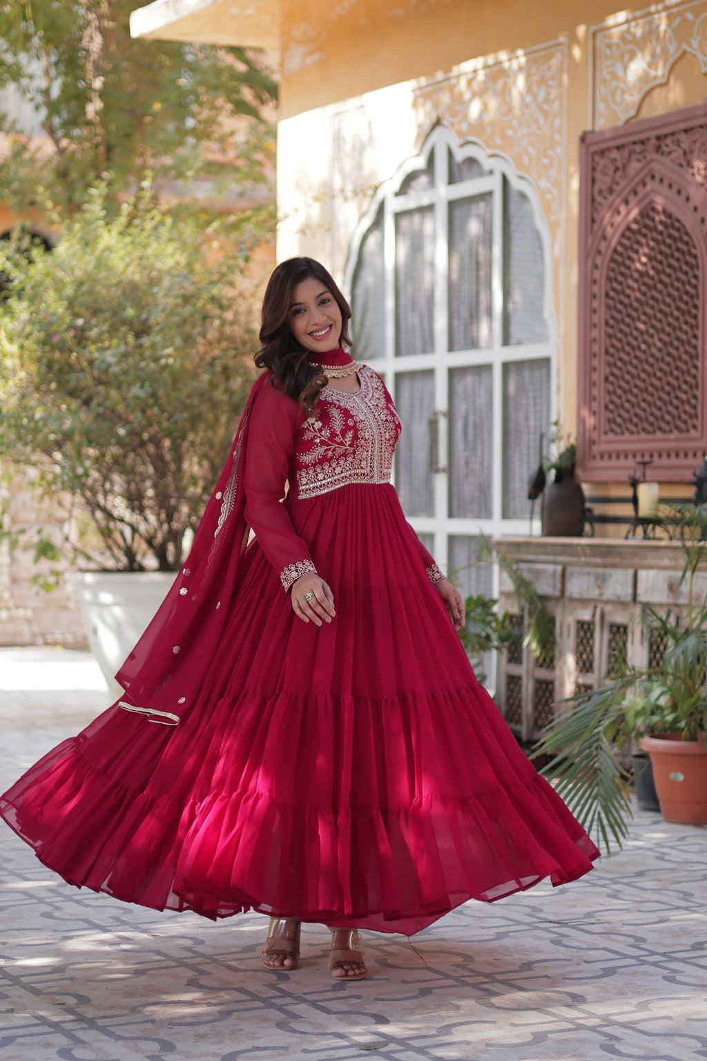 Pink pearl embroidered Anika flared designer Anarkali gown