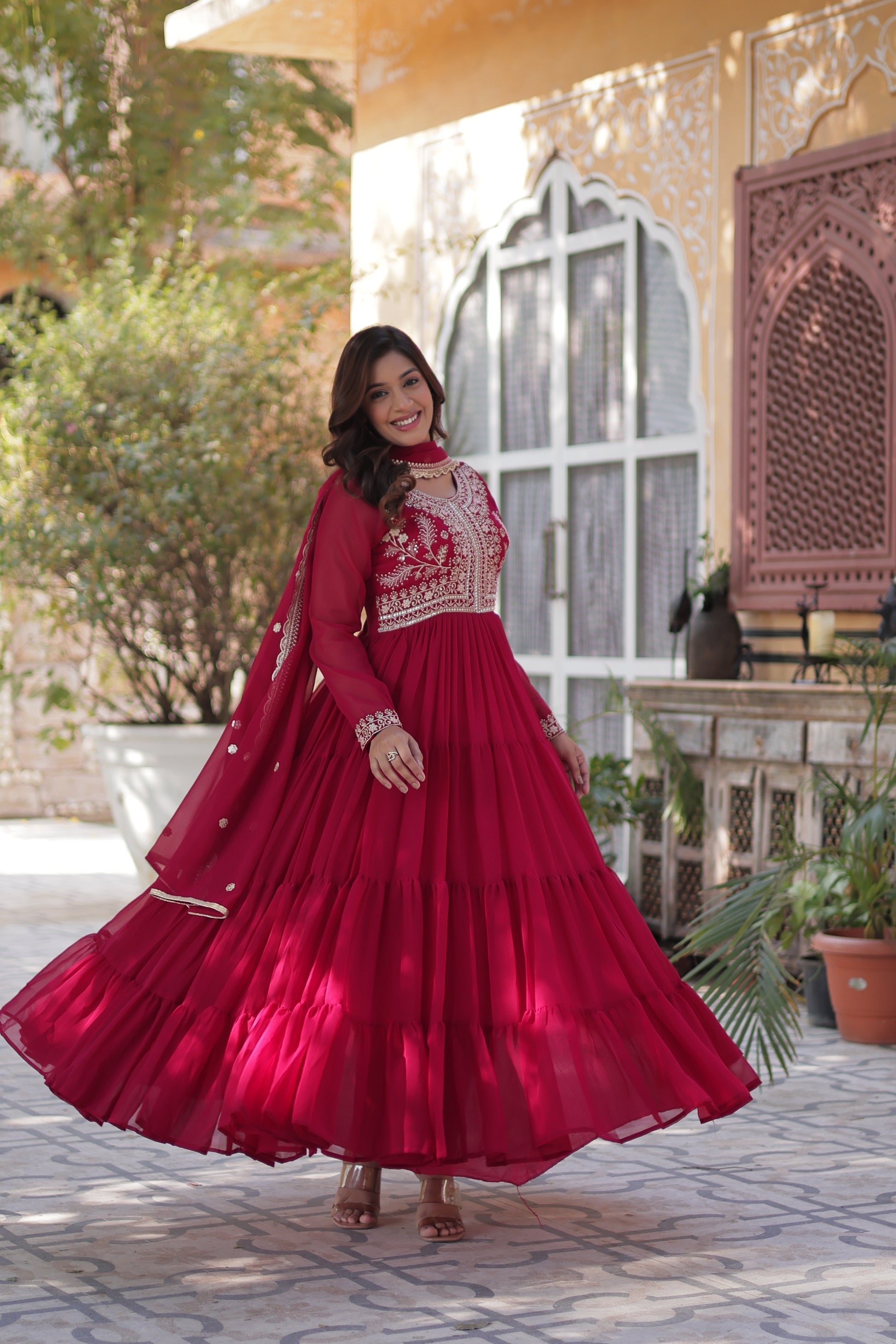 Pink pearl embroidered Anika flared designer Anarkali gown
