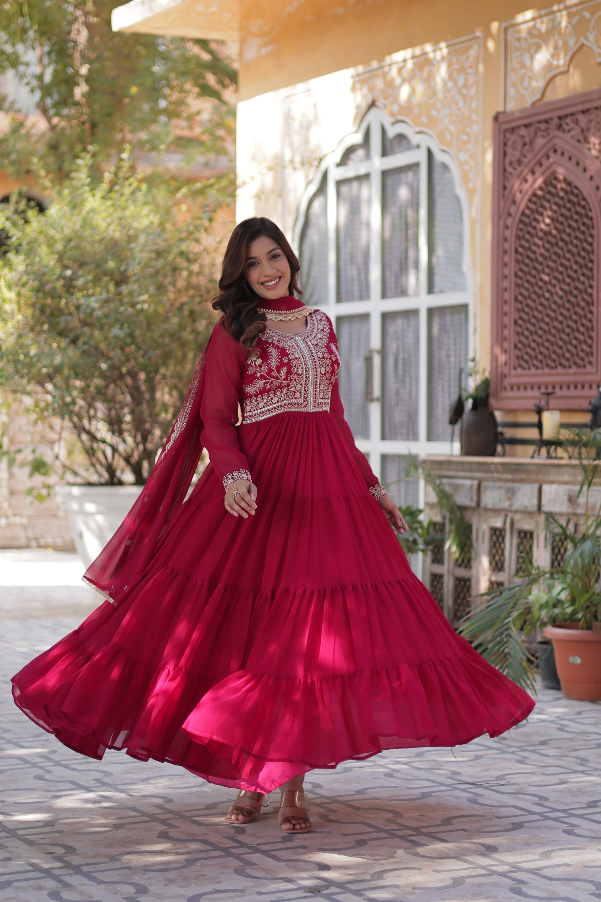 Pink pearl embroidered Anika flared designer Anarkali gown
