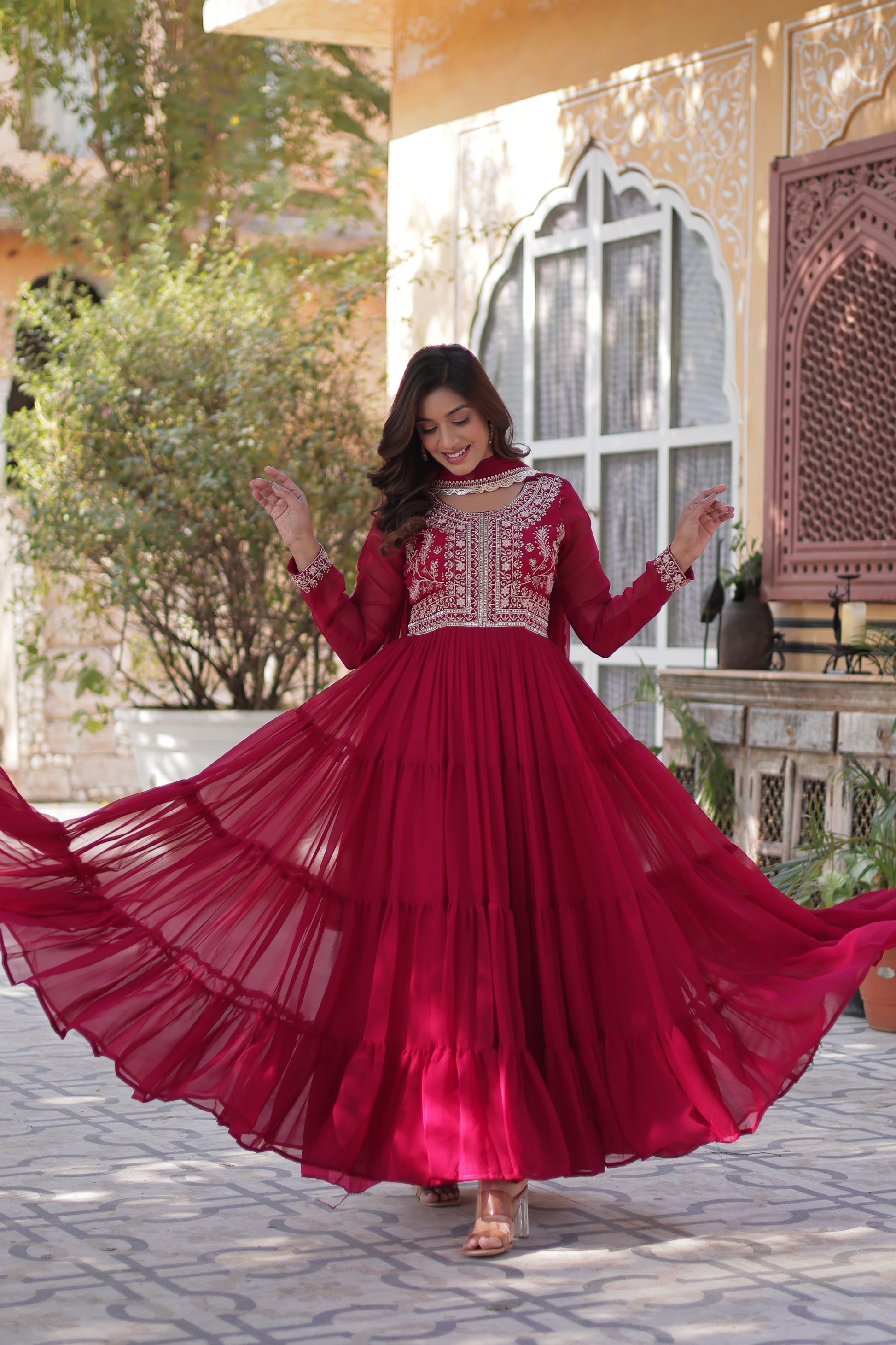 Pink pearl embroidered Anika flared designer Anarkali gown