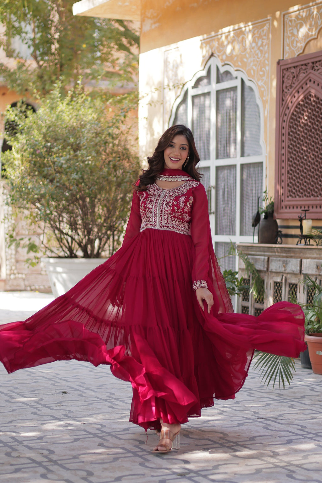 Pink pearl embroidered Anika flared designer Anarkali gown