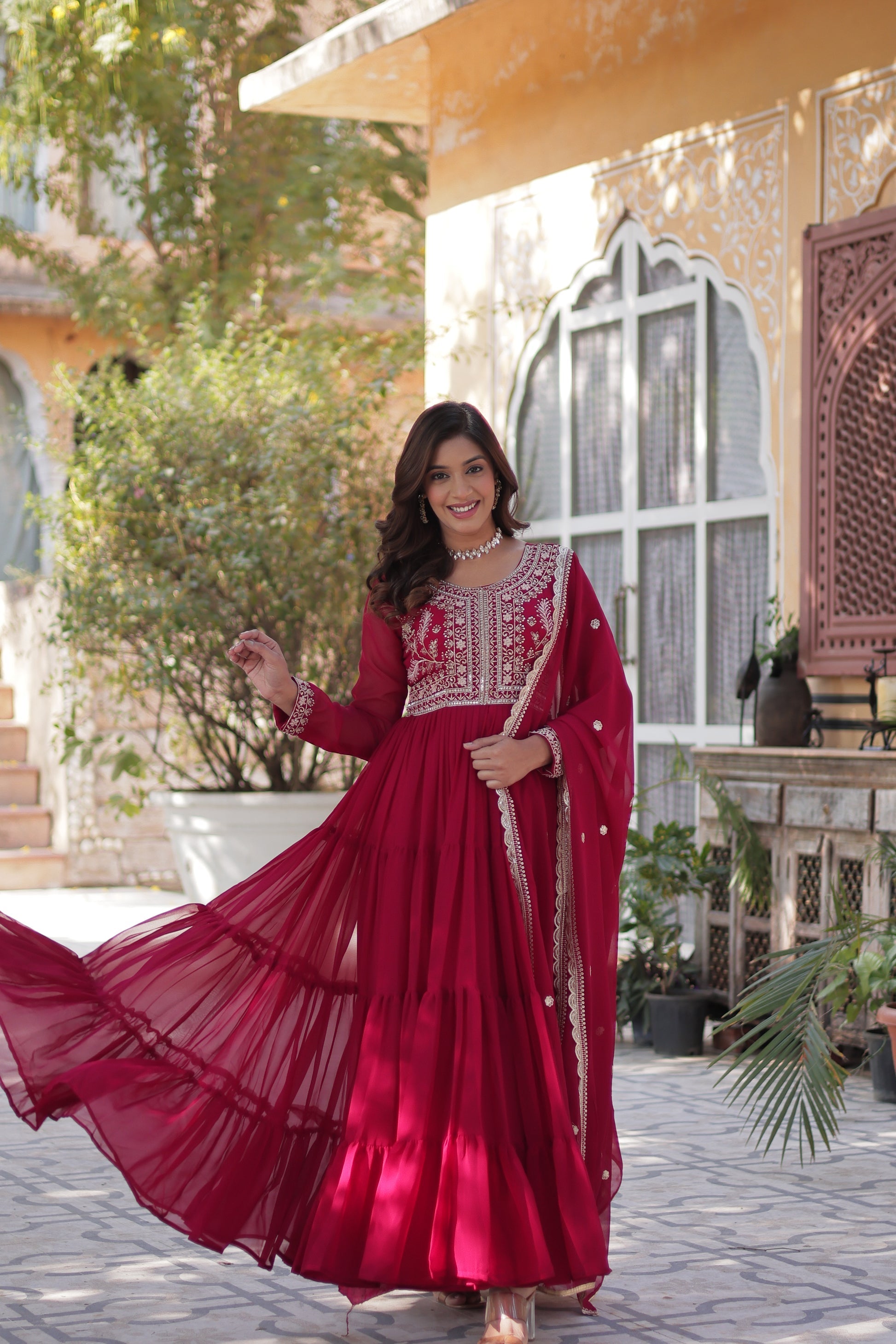 Pink pearl embroidered Anika flared designer Anarkali gown