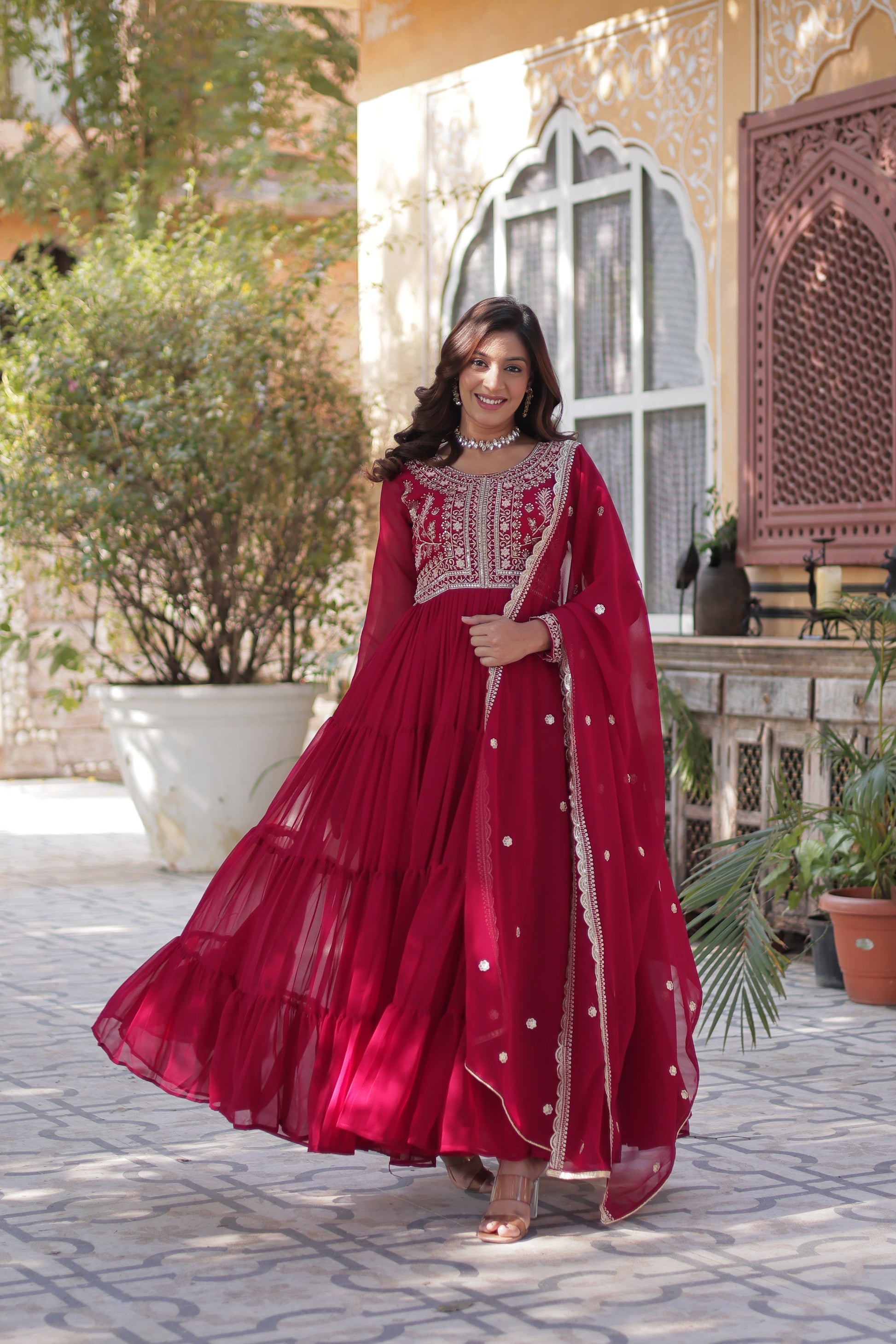 Pink pearl embroidered Anika flared designer Anarkali gown