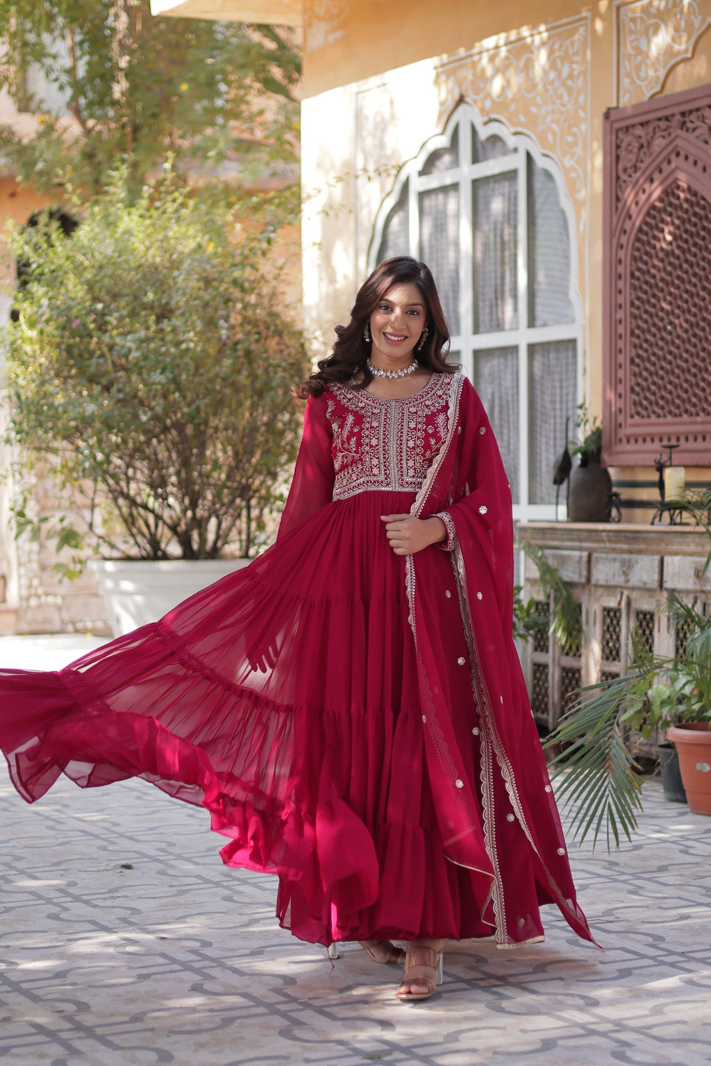 Pink pearl embroidered Anika flared designer Anarkali gown