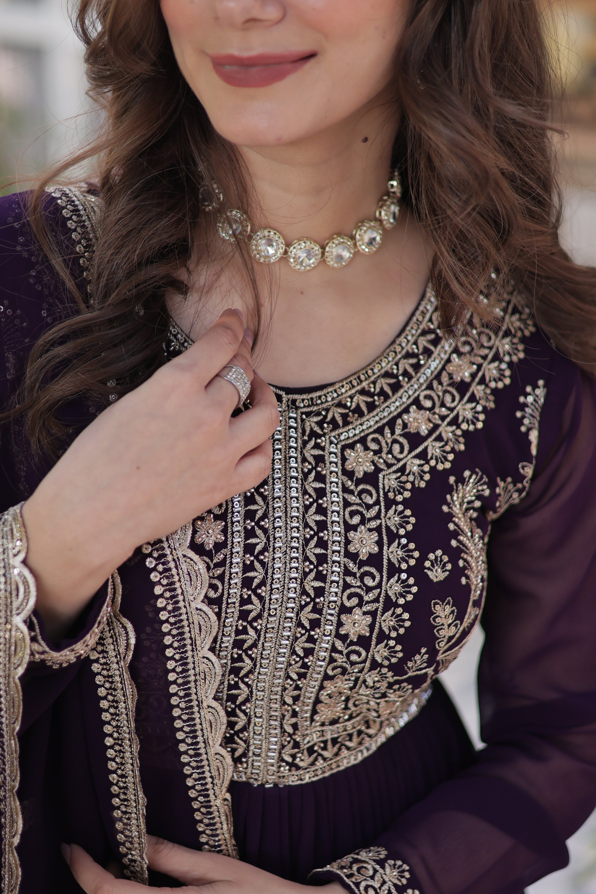 Anika pearl embroidered flared wine Anarkali gown set