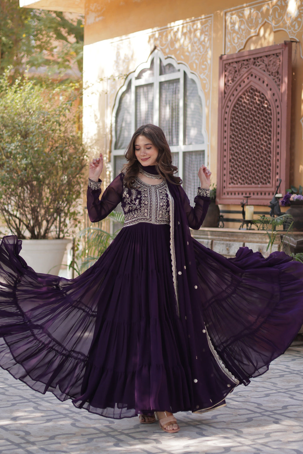 Anika pearl embroidered flared wine Anarkali gown set