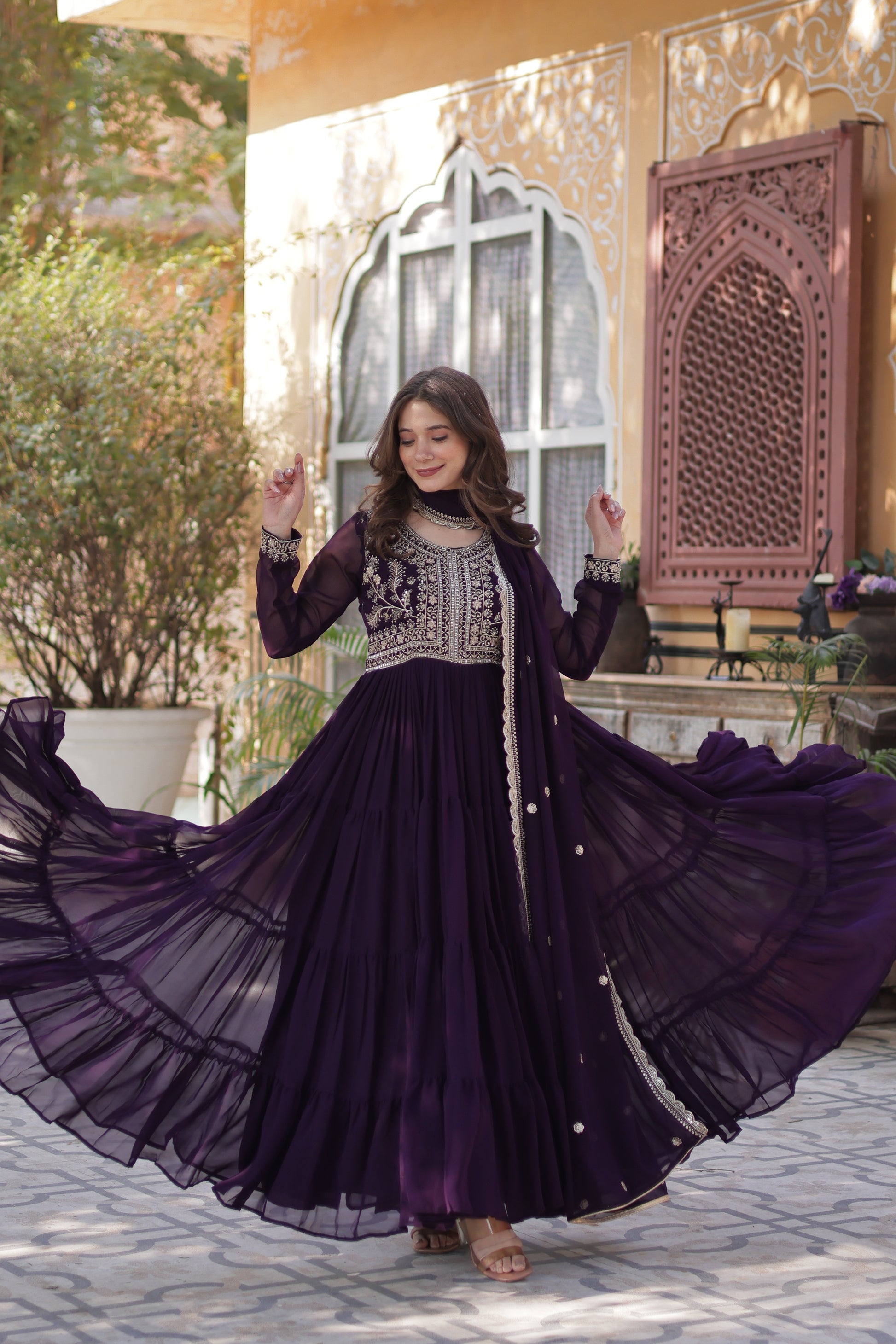 Anika pearl embroidered flared wine Anarkali gown set