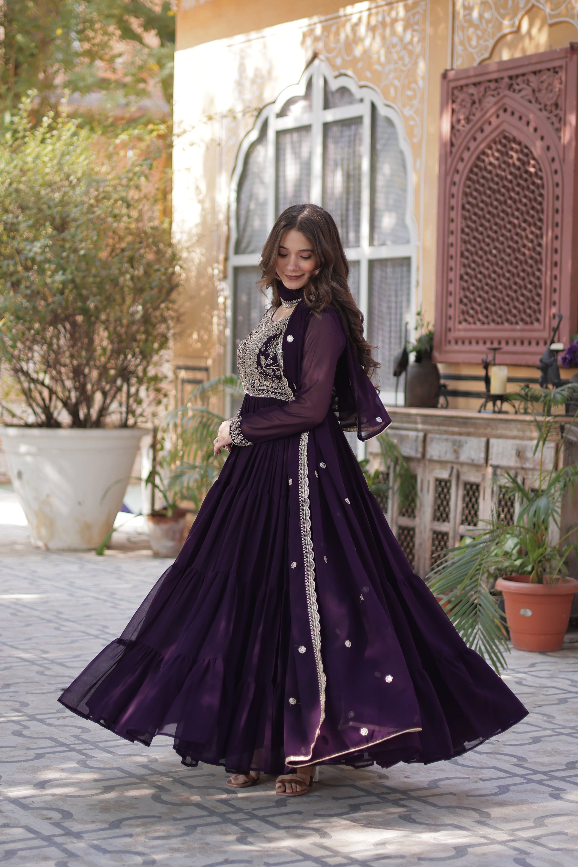 Anika pearl embroidered flared wine Anarkali gown set
