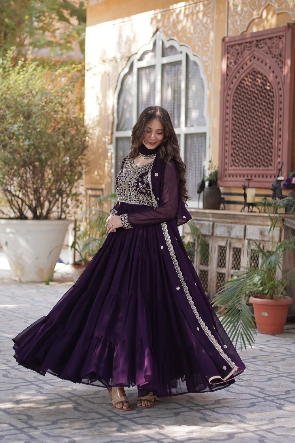 Anika pearl embroidered flared wine Anarkali gown set