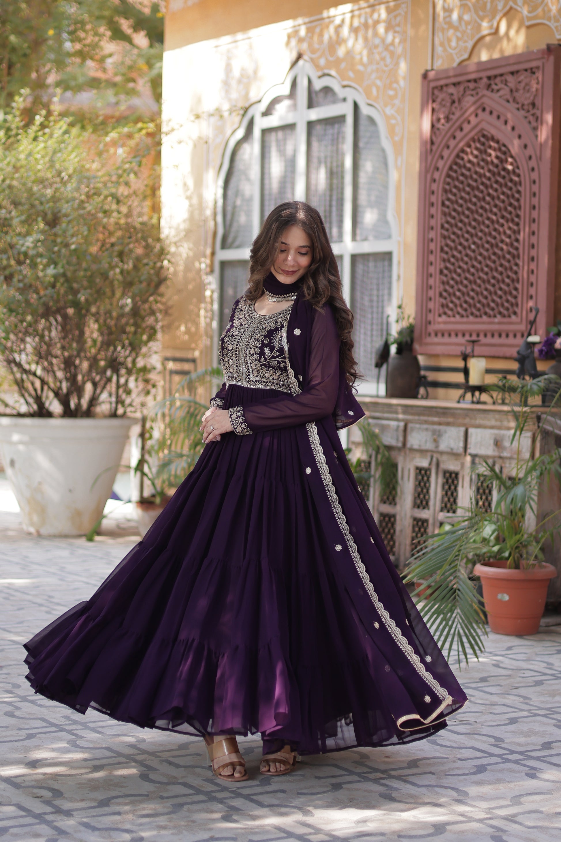 Anika pearl embroidered flared wine Anarkali gown set