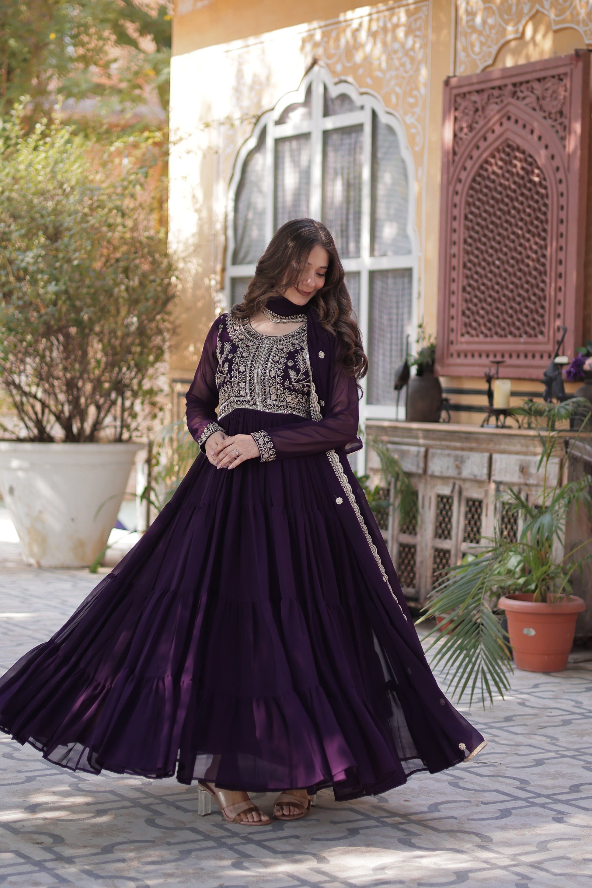 Anika pearl embroidered flared wine Anarkali gown set