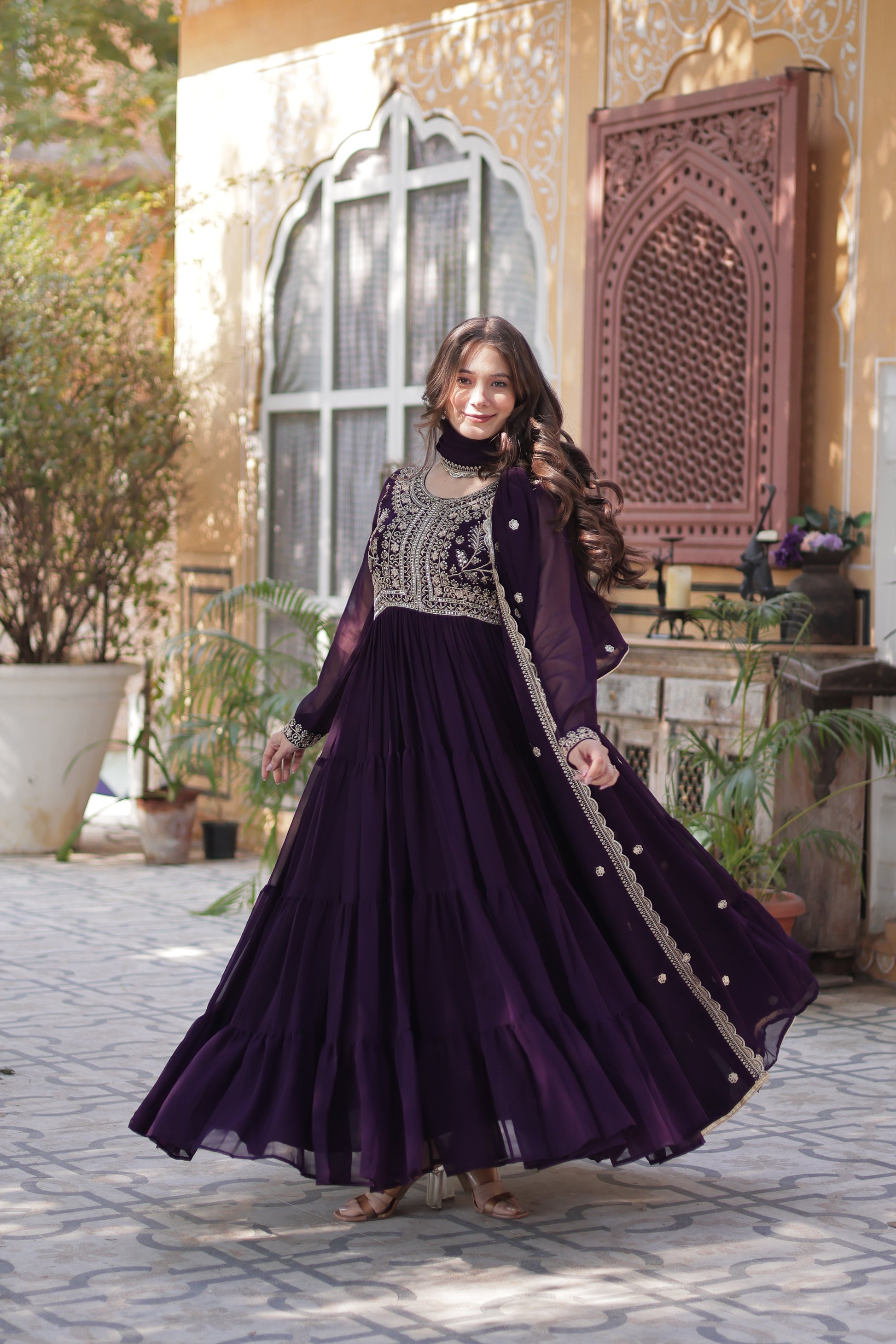 Anika pearl embroidered flared wine Anarkali gown set