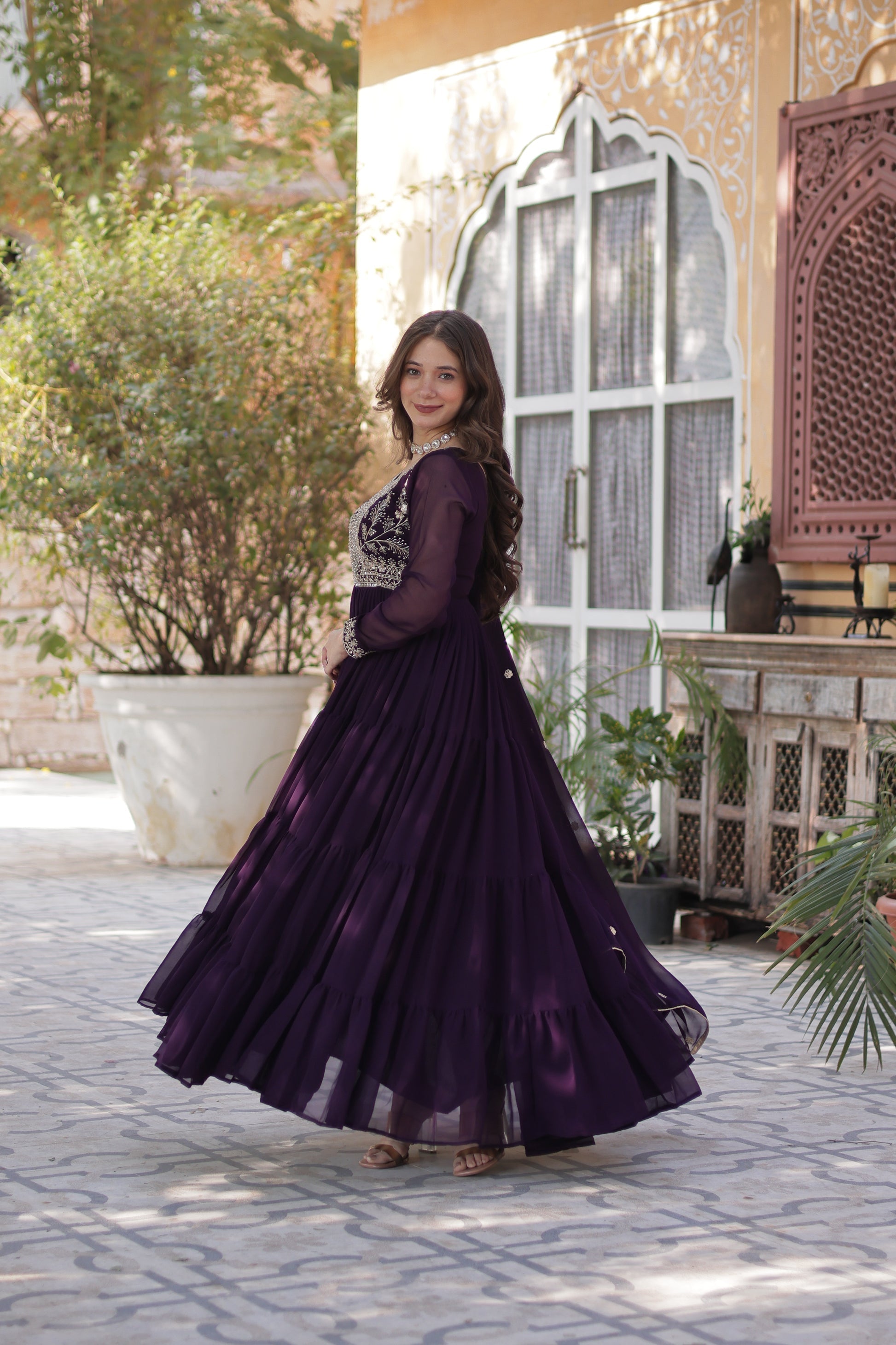 Anika pearl embroidered flared wine Anarkali gown set