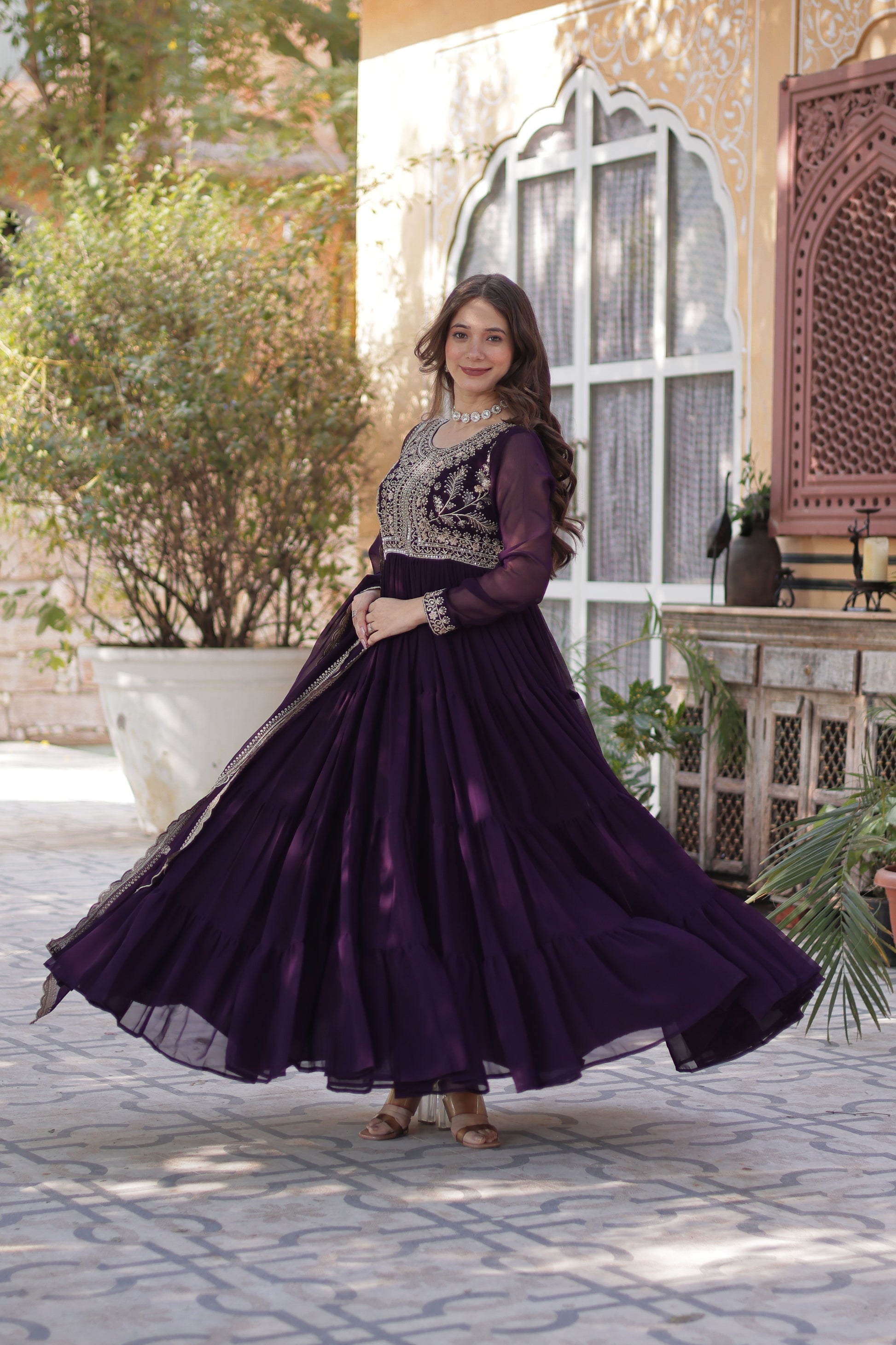 Anika pearl embroidered flared wine Anarkali gown set